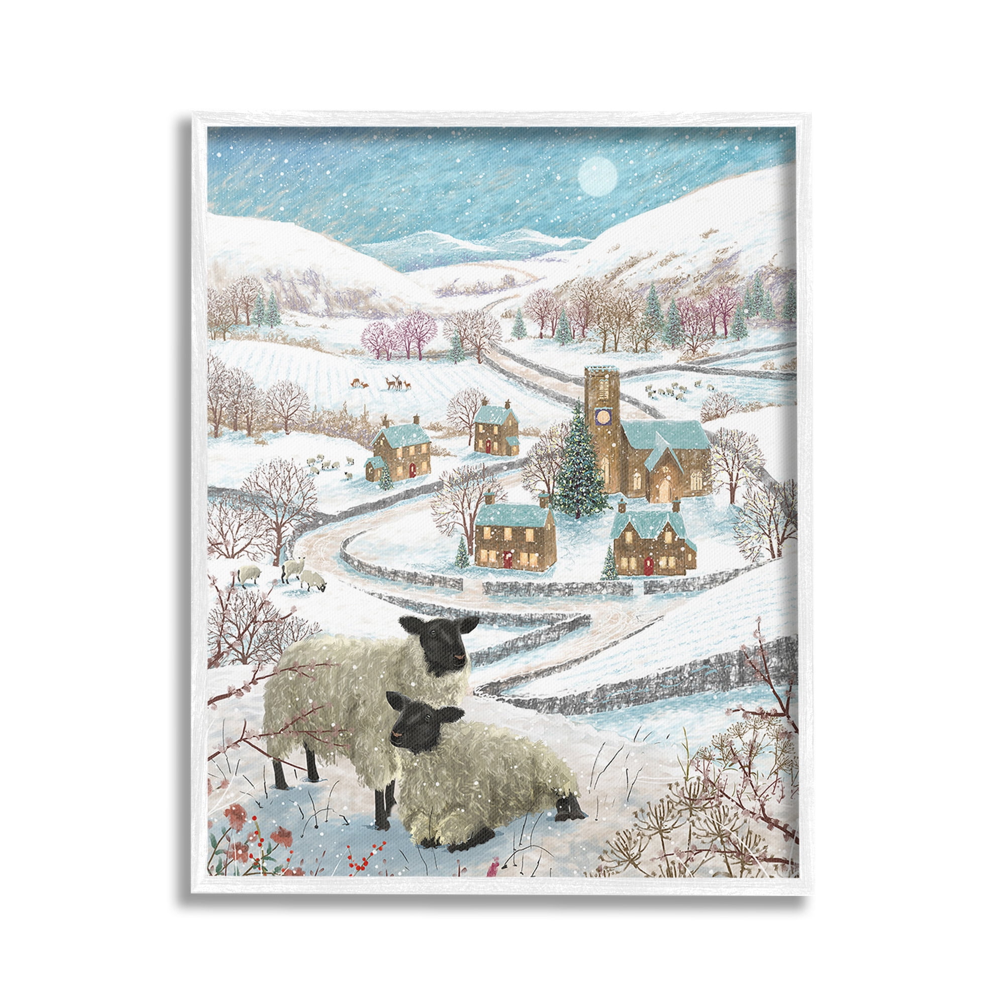 Stupell Industries Sheep on Wintery Hill Animals & Insects Painting White Framed Art Print Wall Art, 16 x 20