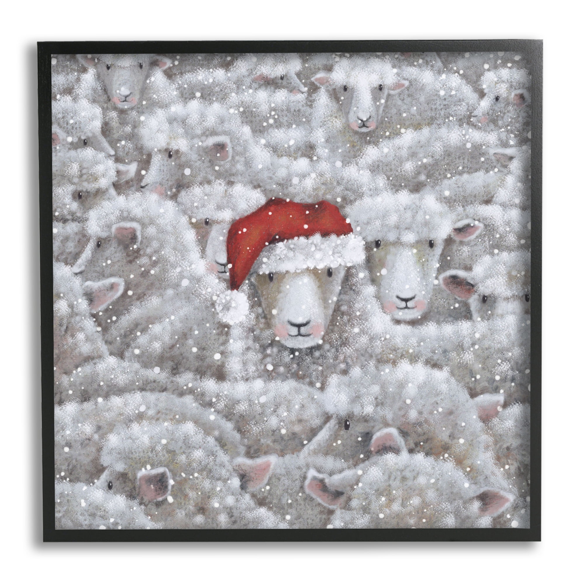 Stupell Industries Sheep with Santa Hat Holiday Painting Black Framed Art Print Wall Art, 12 x 12