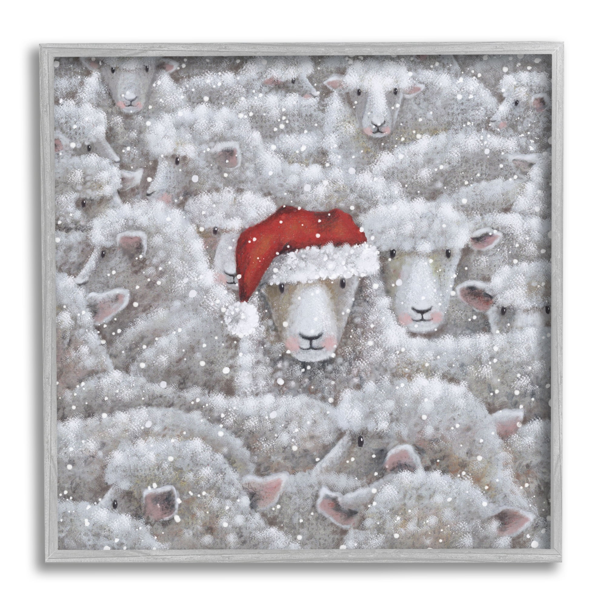 Stupell Industries Sheep with Santa Hat Holiday Painting Gray Framed Art Print Wall Art, 17 x 17