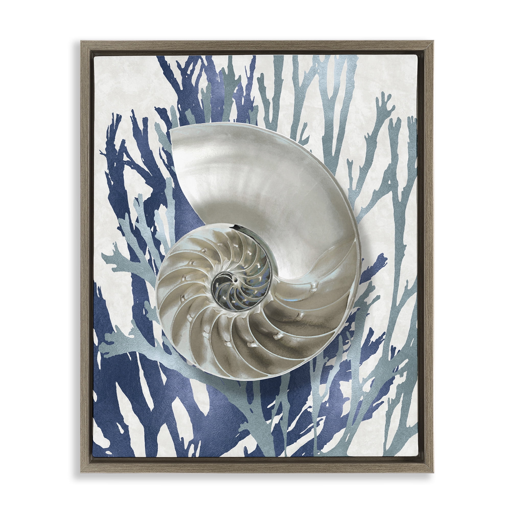 Stupell Industries Shell Coral Beach Blue Design Nature Painting Brown Floater Framed Canvas Art Print Wall Art, 17 x 21