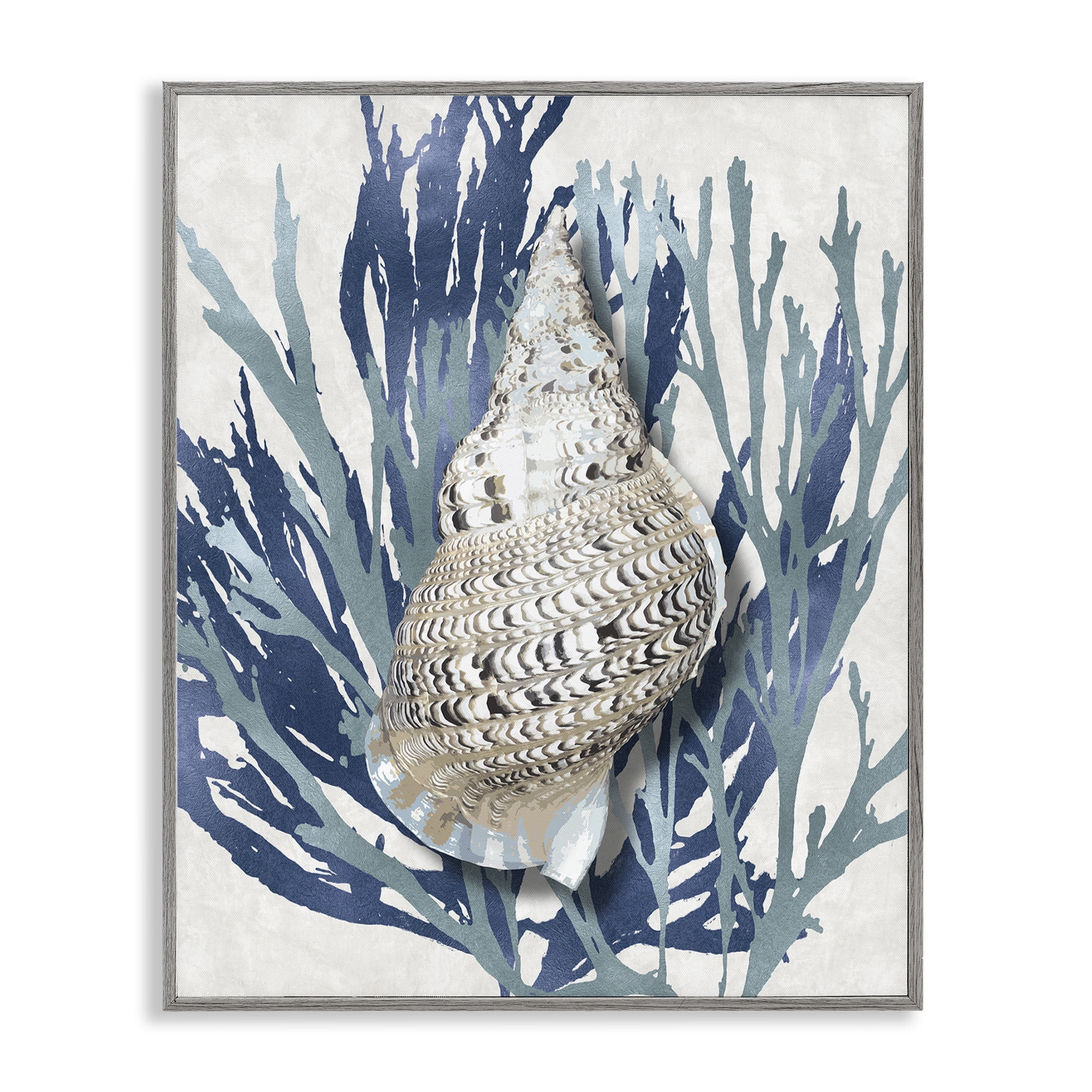 Shell Coral Blue Beach Design Framed Wall Art, 11x14, Gray