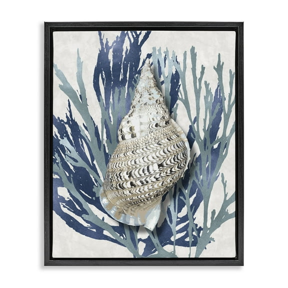 Stupell Industries Shell Coral Blue Beach Design Nature Painting Black Floater Framed Canvas Art Print Wall Art, 17 x 21