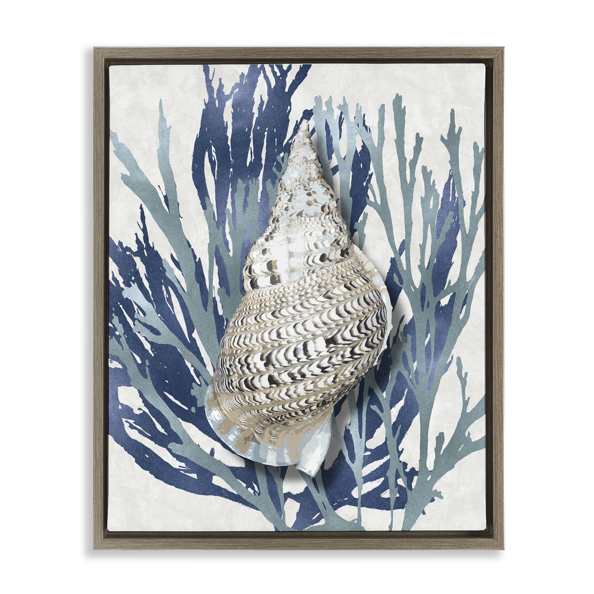 Stupell Industries Shell Coral Blue Beach Design Nature Painting Brown Floater Framed Canvas Art Print Wall Art, 17 x 21