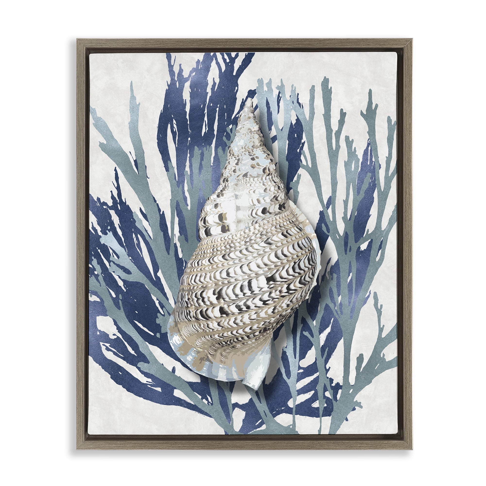 Stupell Industries Shell Coral Blue Beach Design Nature Painting Brown Floater Framed Canvas Art Print Wall Art, 25 x 31