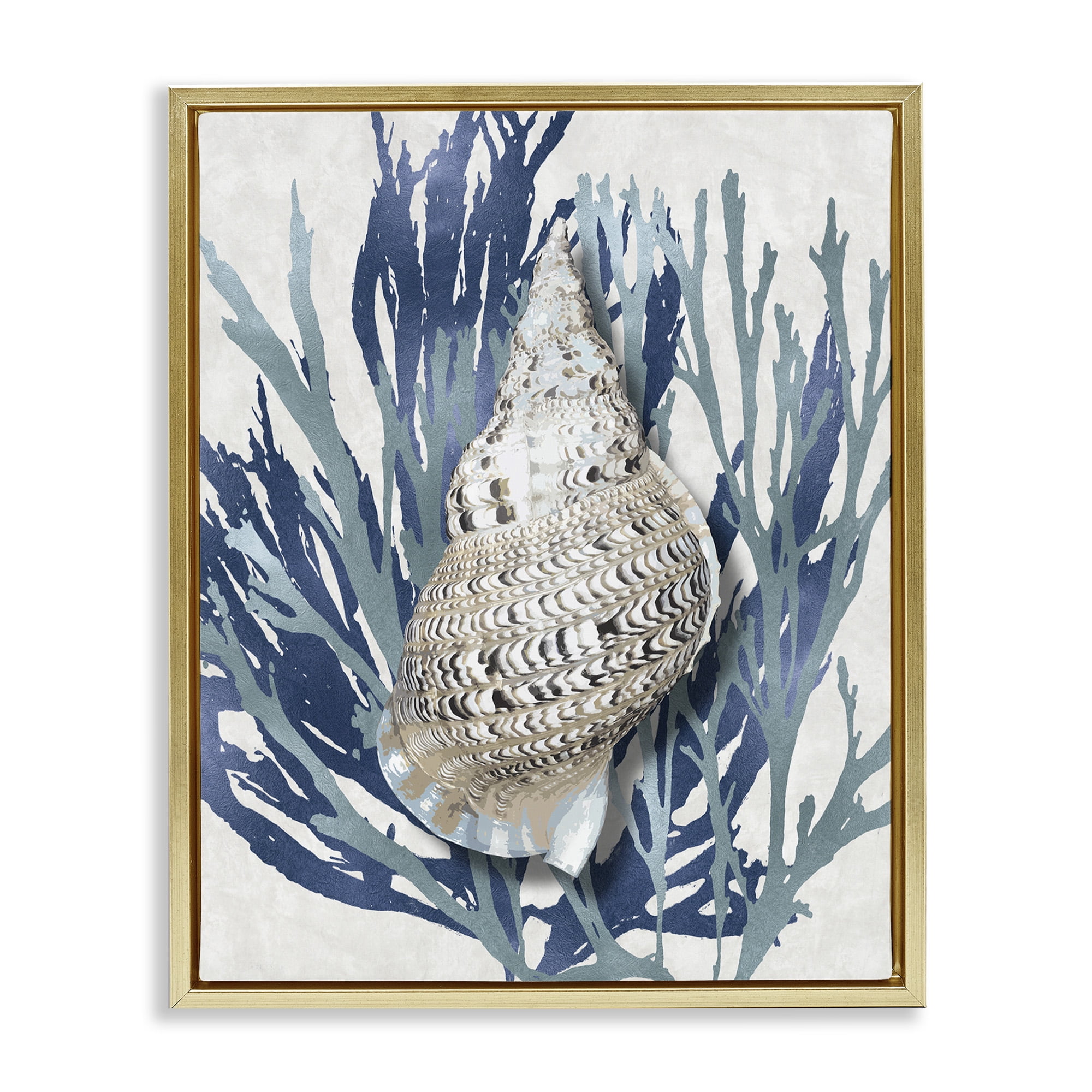 Stupell Industries Shell Coral Blue Beach Design Nature Painting Gold Floater Framed Canvas Art Print Wall Art, 17 x 21