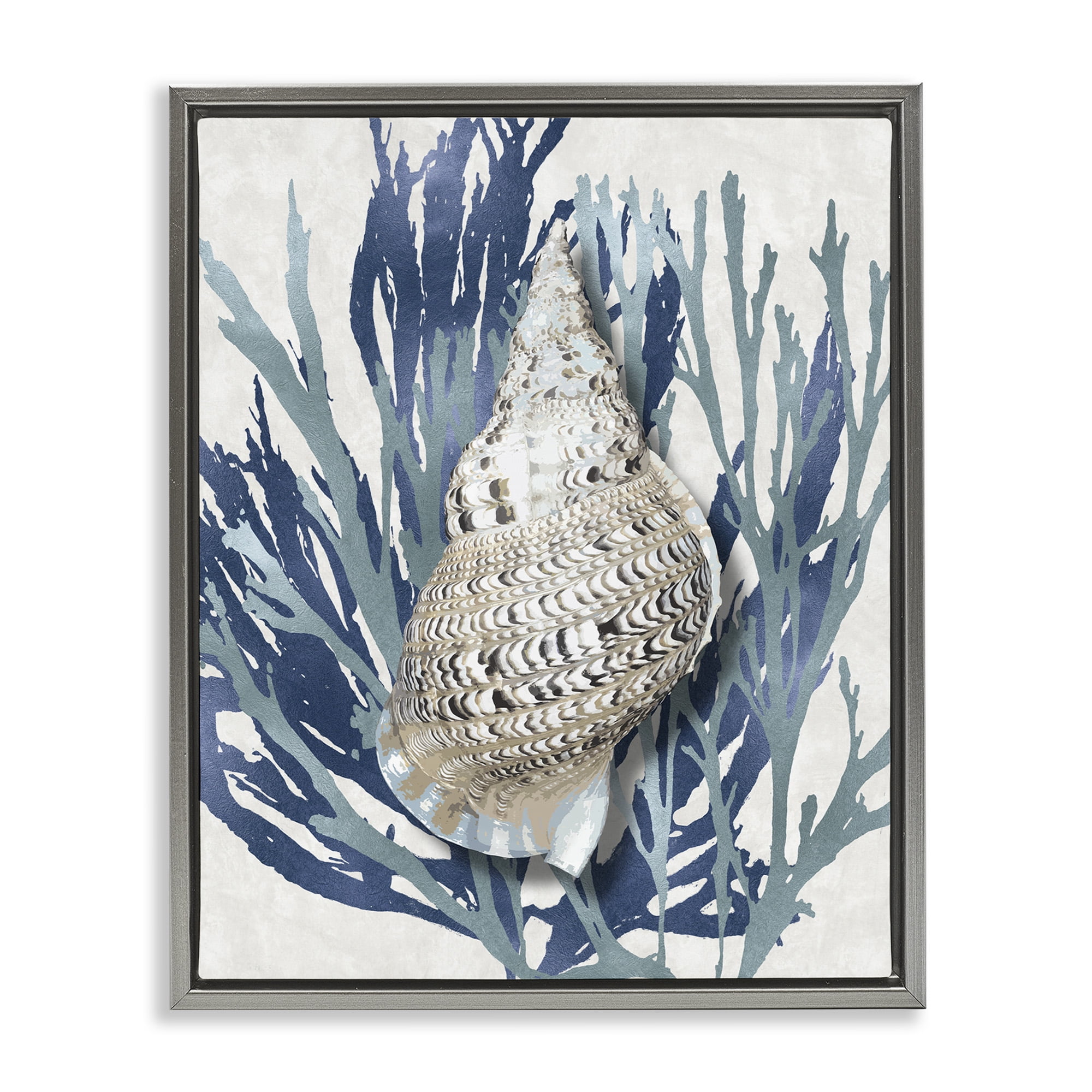 Stupell Industries Shell Coral Blue Beach Design Nature Painting Gray Floater Framed Canvas Art Print Wall Art, 25 x 31