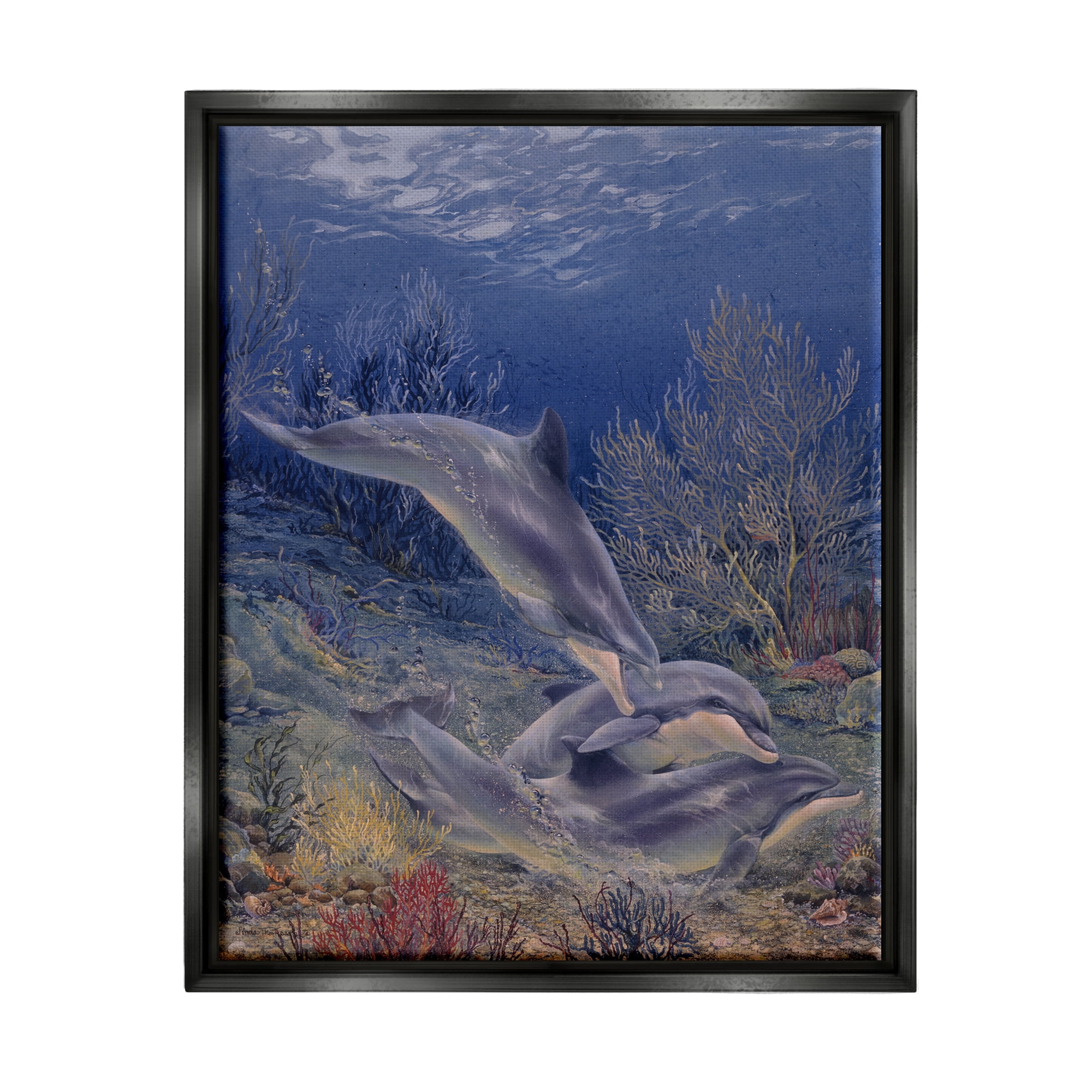 Stupell Industries Shell Game Underwater Dolphins Coastal Painting Black Floater Framed Art Print Wall Art