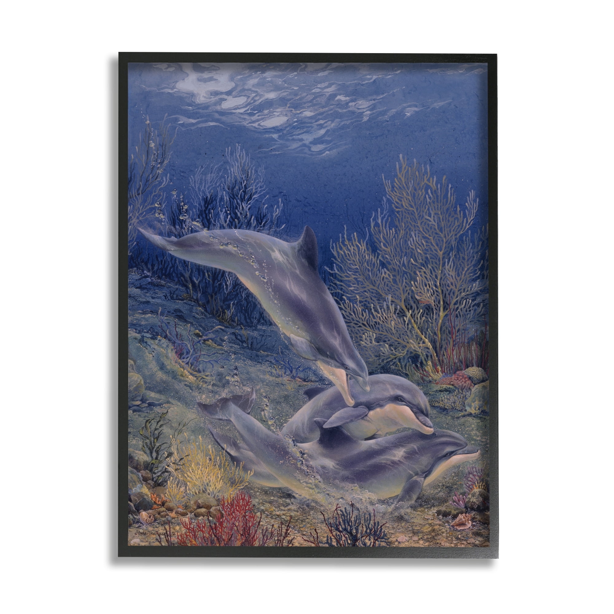 Stupell Industries Shell Game Underwater Dolphins Coastal Painting Black Framed Art Print Wall Art