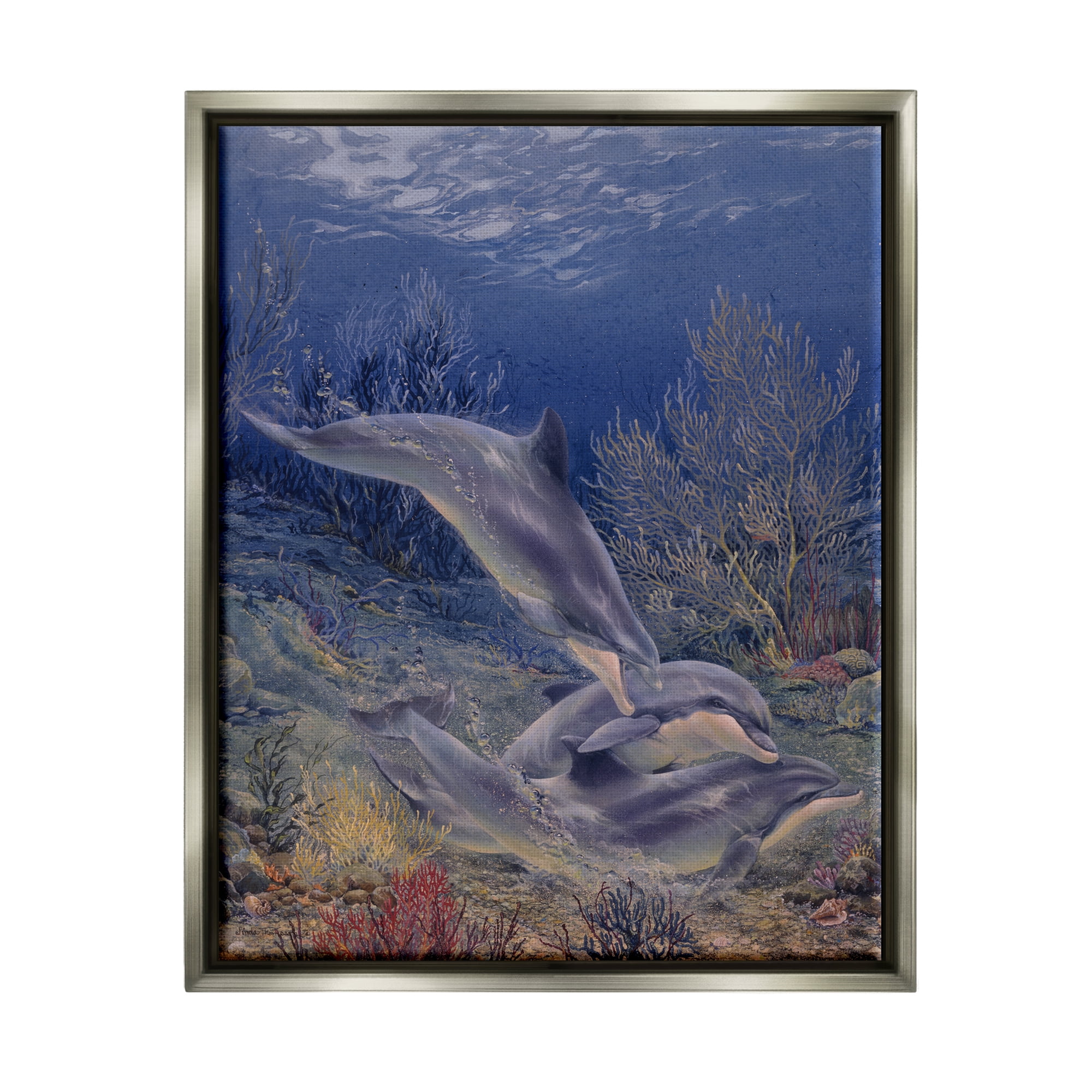 Stupell Industries Shell Game Underwater Dolphins Coastal Painting Gray Floater Framed Art Print Wall Art