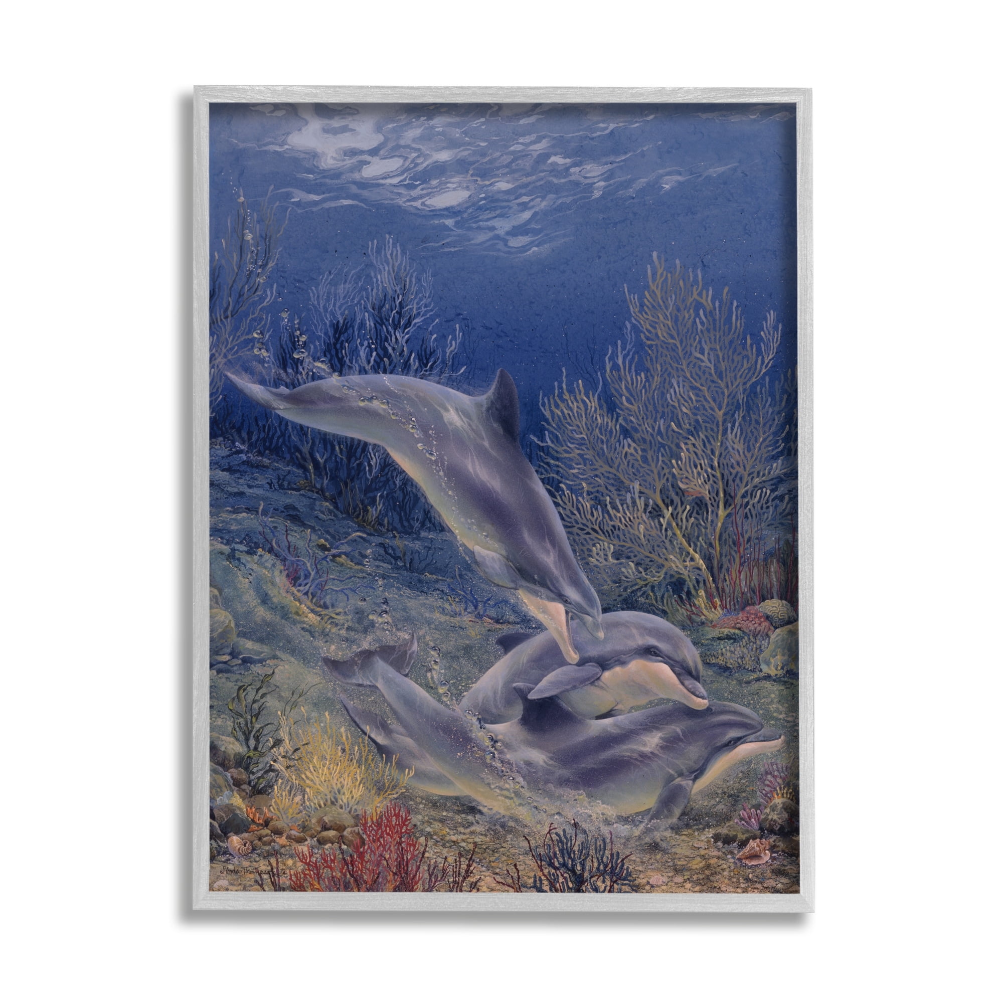 Stupell Industries Shell Game Underwater Dolphins Coastal Painting Gray Framed Art Print Wall Art