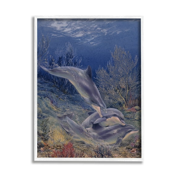 Stupell Industries Shell Game Underwater Dolphins Coastal Painting White Framed Art Print Wall Art