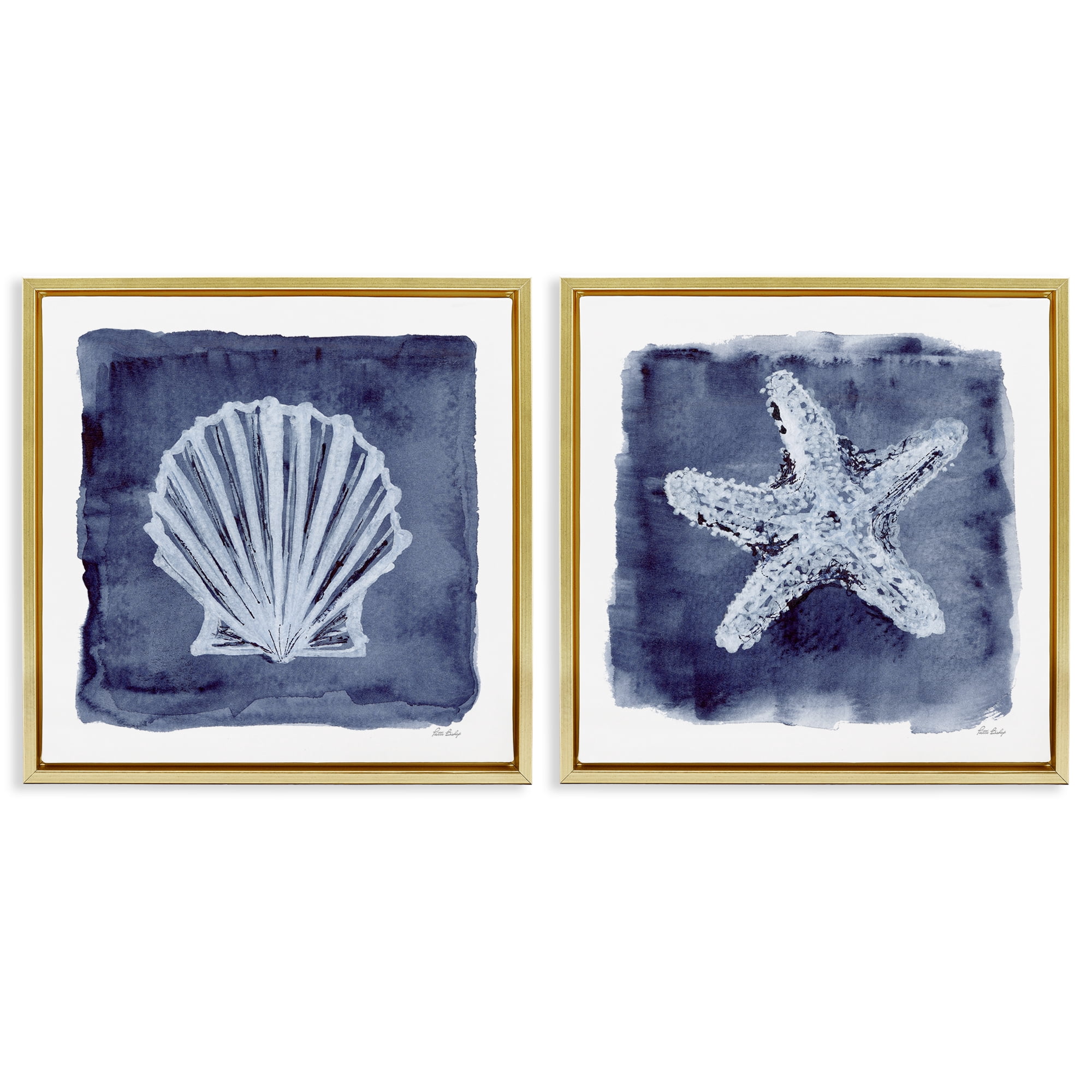 Stupell Industries Shell & Starfish Impressions Nautical & Beach Painting Gold Floater Framed Canvas Art Print Wall Art, 18 x 18, Set of 2
