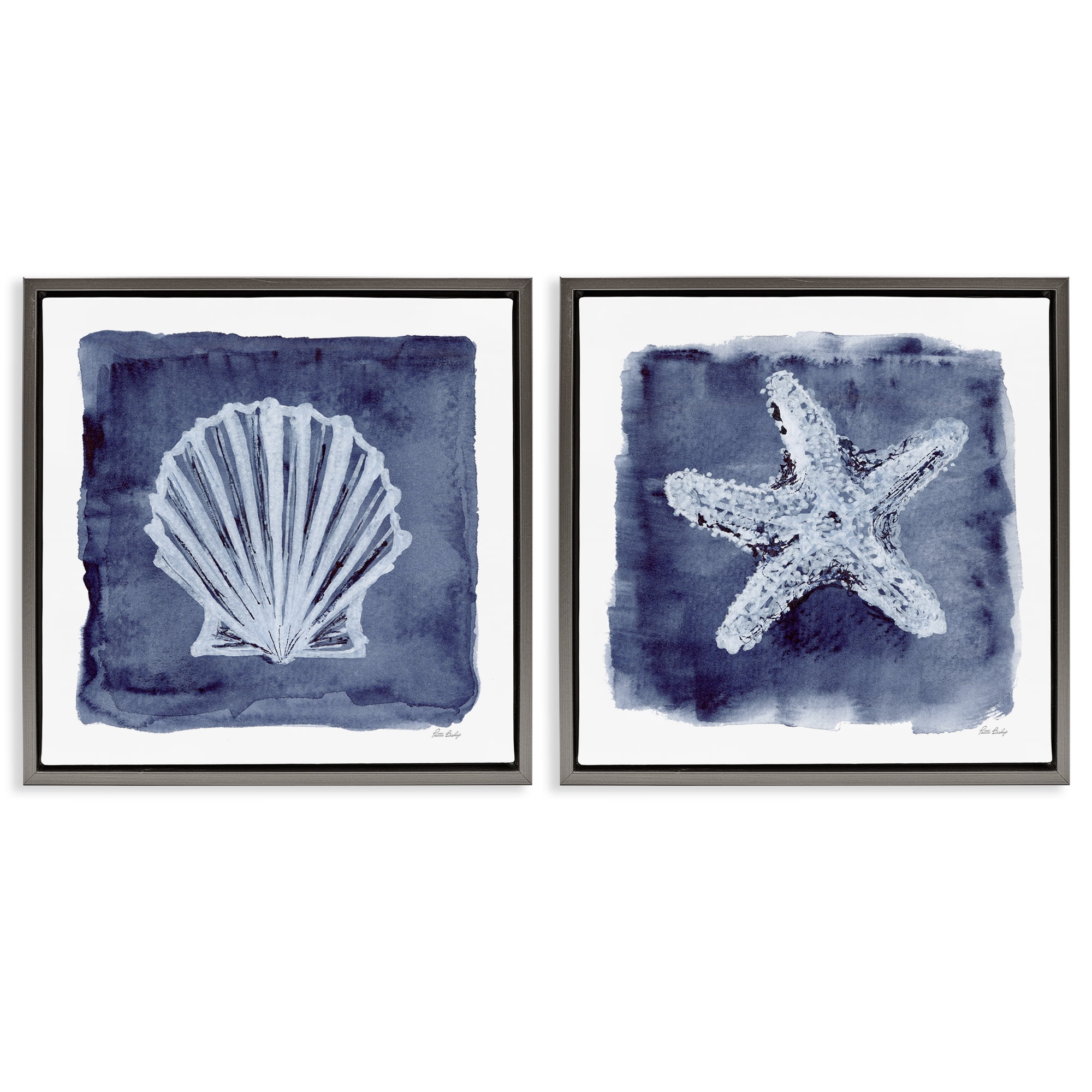 Stupell Industries Shell & Starfish Impressions Nautical & Beach Painting Gray Floater Framed Canvas Art Print Wall Art, 18 x 18, Set of 2