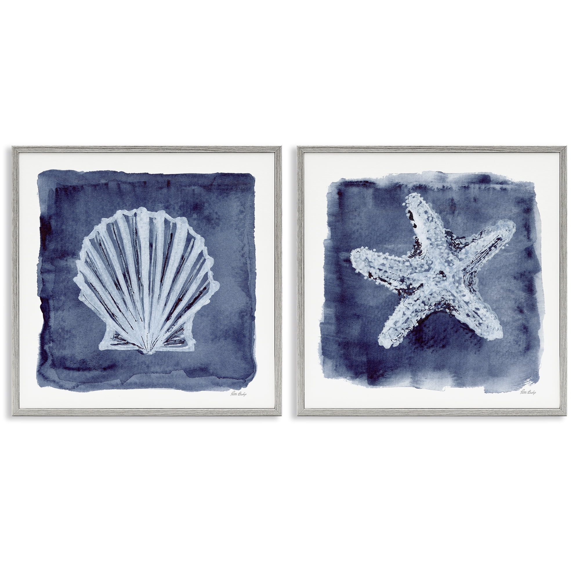 Stupell Industries Shell & Starfish Impressions Nautical & Beach Painting Gray Framed Art Print Wall Art, 17 x 17, Set of 2