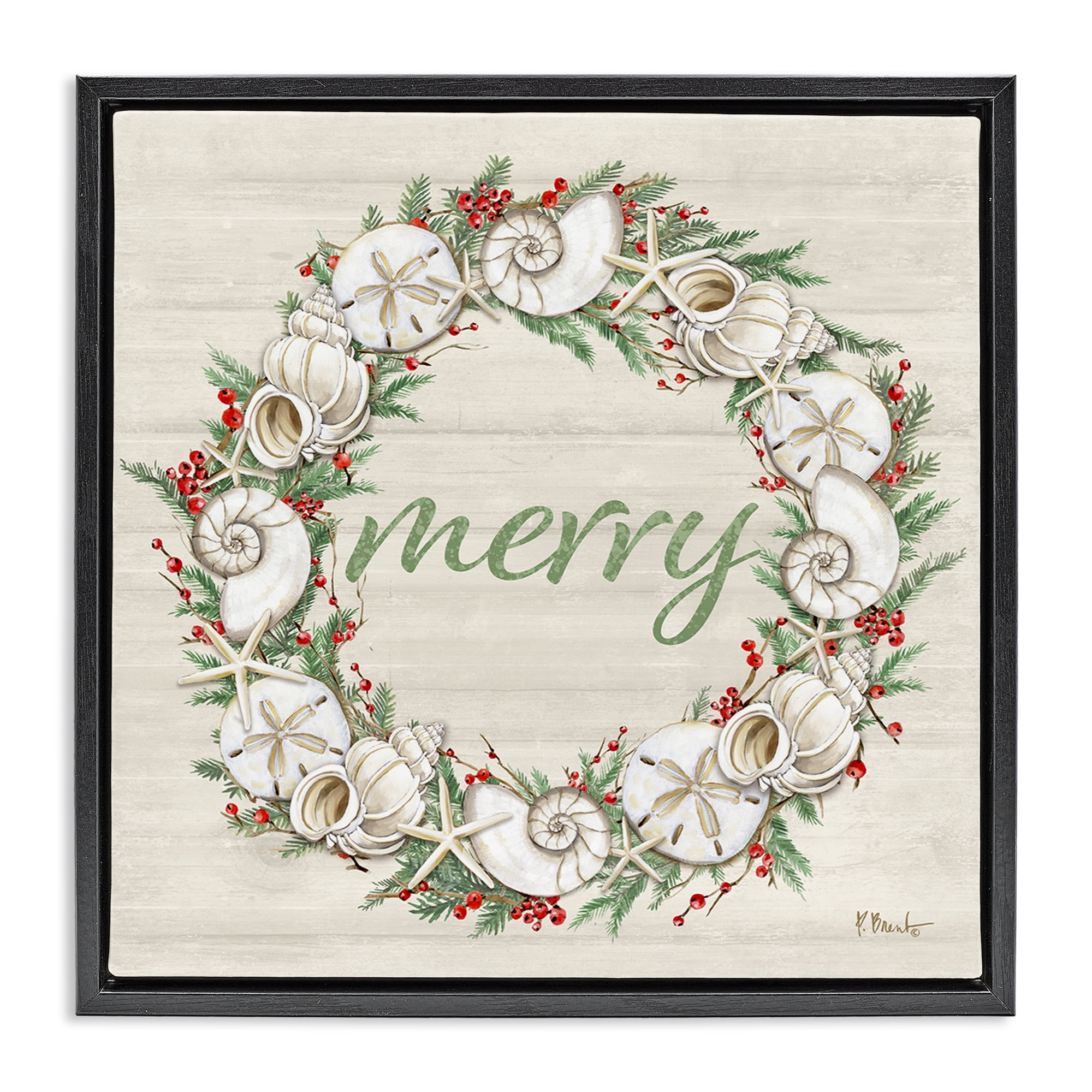 Stupell Industries Shells & Festive Holly Holiday Painting Black Floater Framed Canvas Art Print Wall Art, 25 x 25