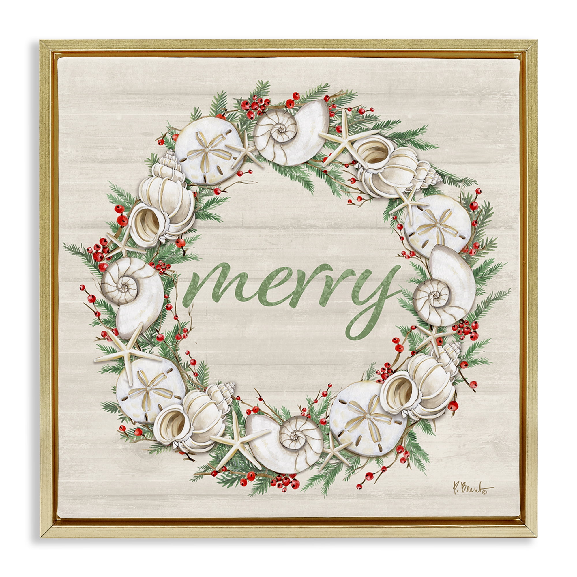 Stupell Industries Shells & Festive Holly Holiday Painting Gold Floater Framed Canvas Art Print Wall Art, 25 x 25