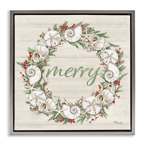 Stupell Industries Coastal Shells & Festive Holly Gray Floating Frame Canvas Art, 18 x 18, by Paul Brent