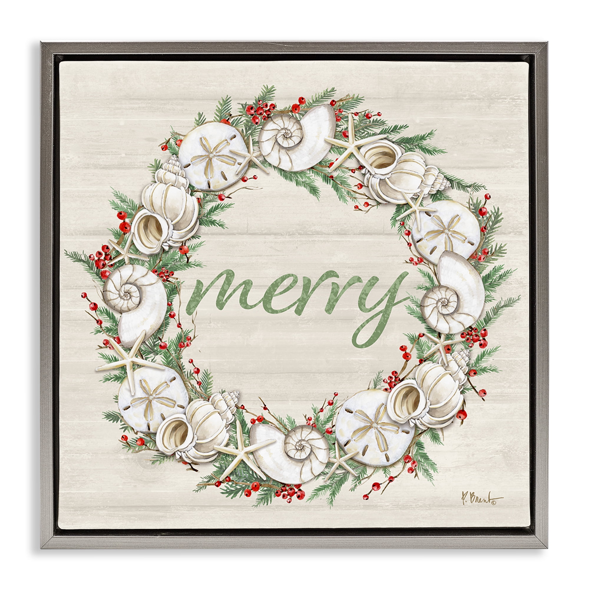 Stupell Industries Shells & Festive Holly Holiday Painting Gray Floater Framed Canvas Art Print Wall Art, 25 x 25