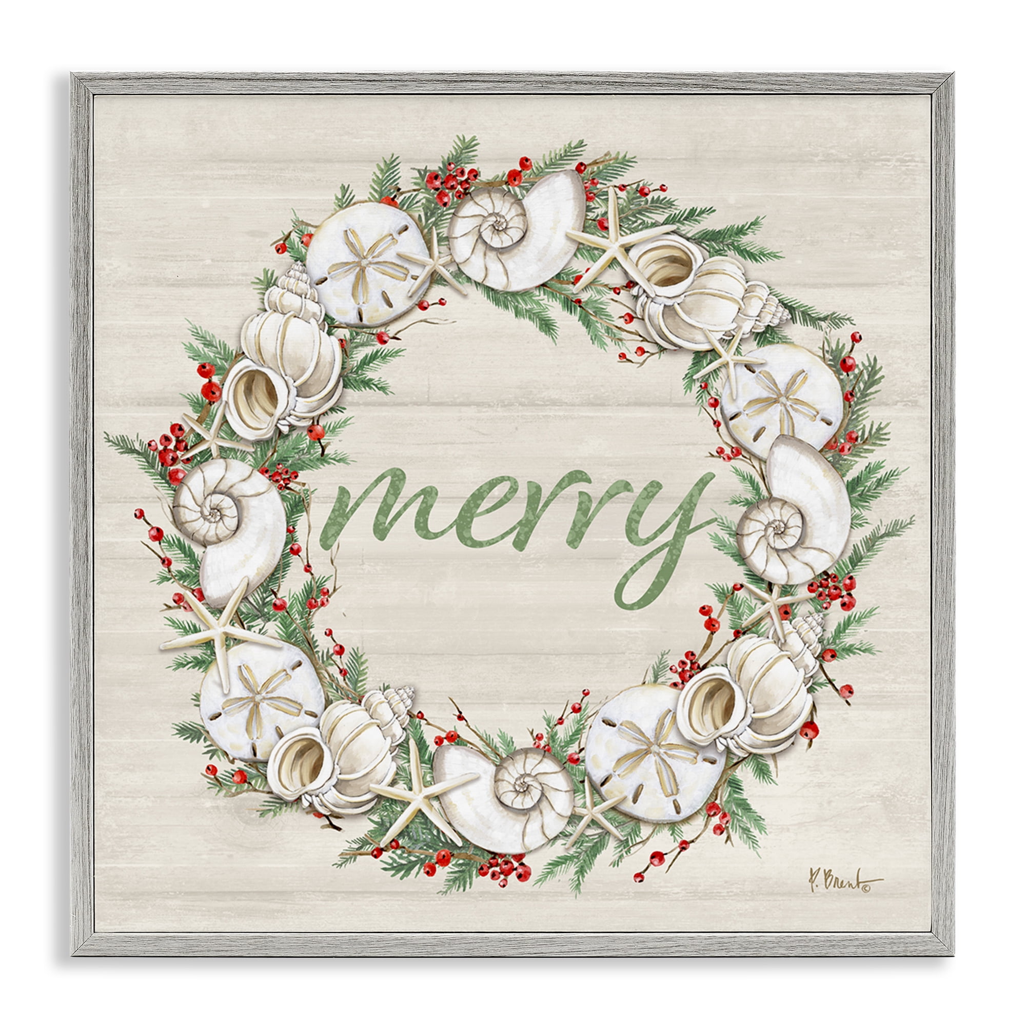 Stupell Industries Shells & Festive Holly Holiday Painting Gray Framed Art Print Wall Art, 17 x 17