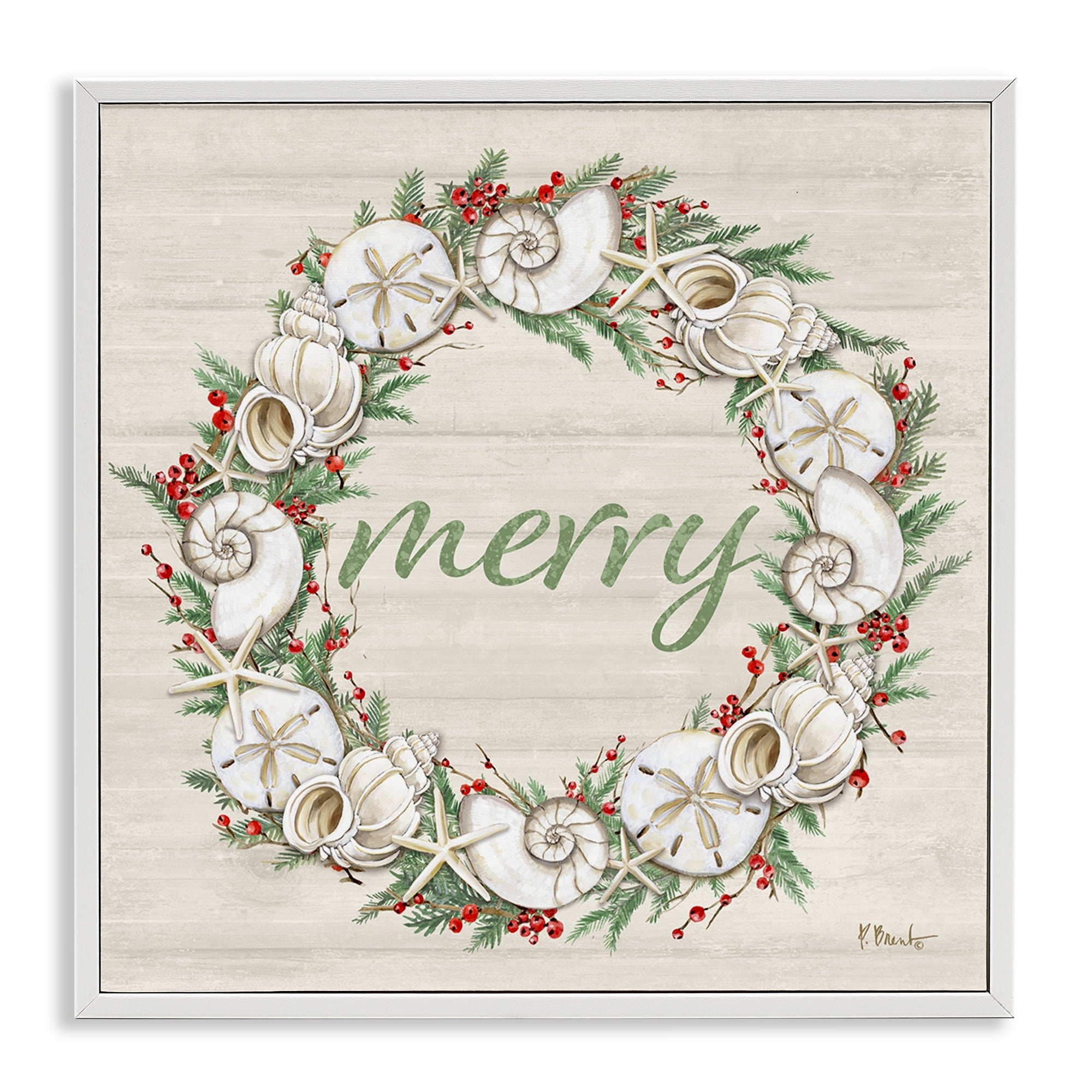 Stupell Industries Shells & Festive Holly Holiday Painting White Framed Art Print Wall Art, 12 x 12