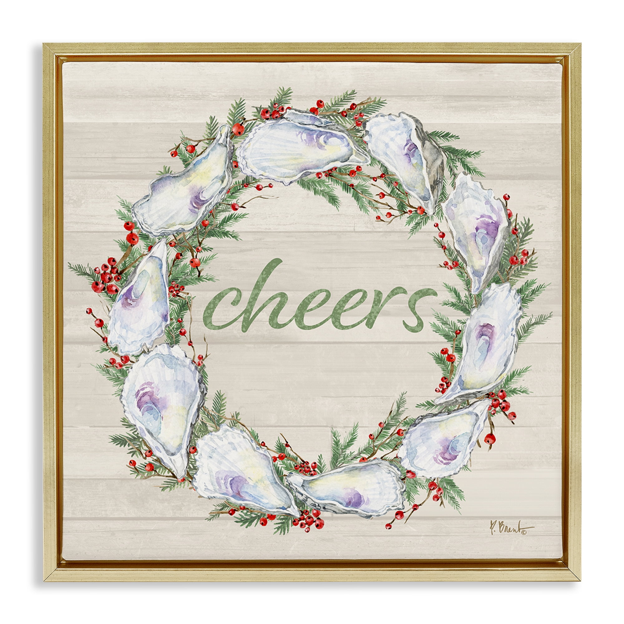 Stupell Industries Shells & Holly Cheers Holiday Painting Gold Floater Framed Canvas Art Print Wall Art, 25 x 25