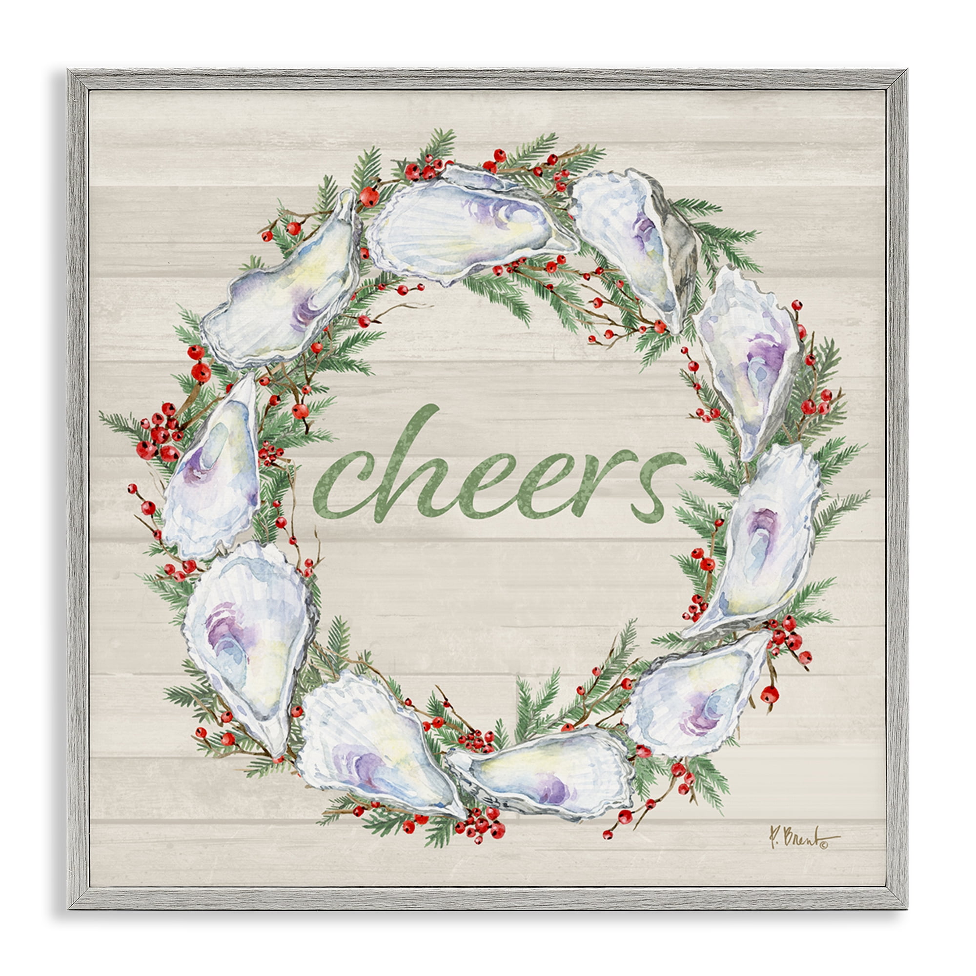 Stupell Industries Shells & Holly Cheers Holiday Painting Gray Framed Art Print Wall Art, 17 x 17