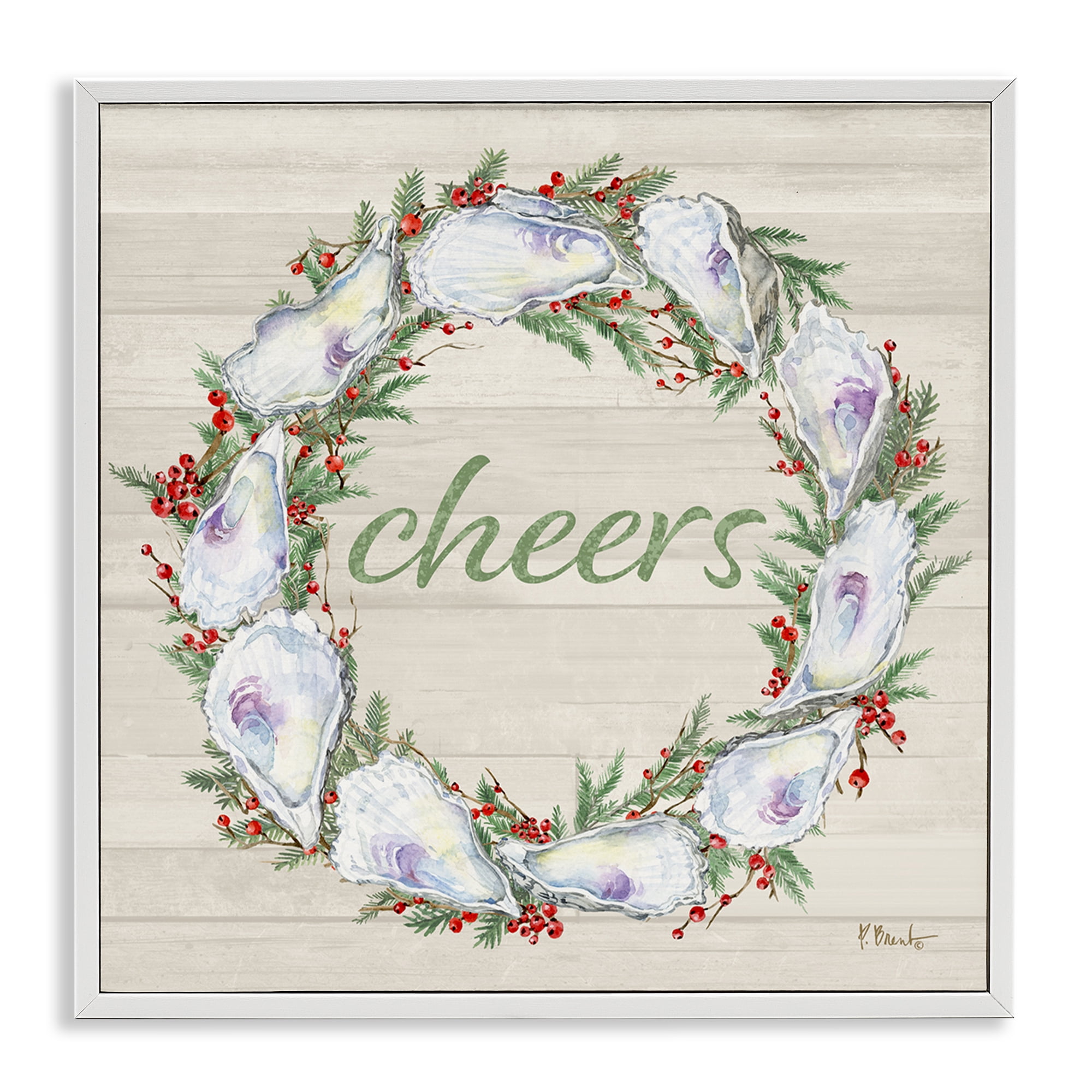Stupell Industries Shells & Holly Cheers Holiday Painting White Framed Art Print Wall Art, 17 x 17