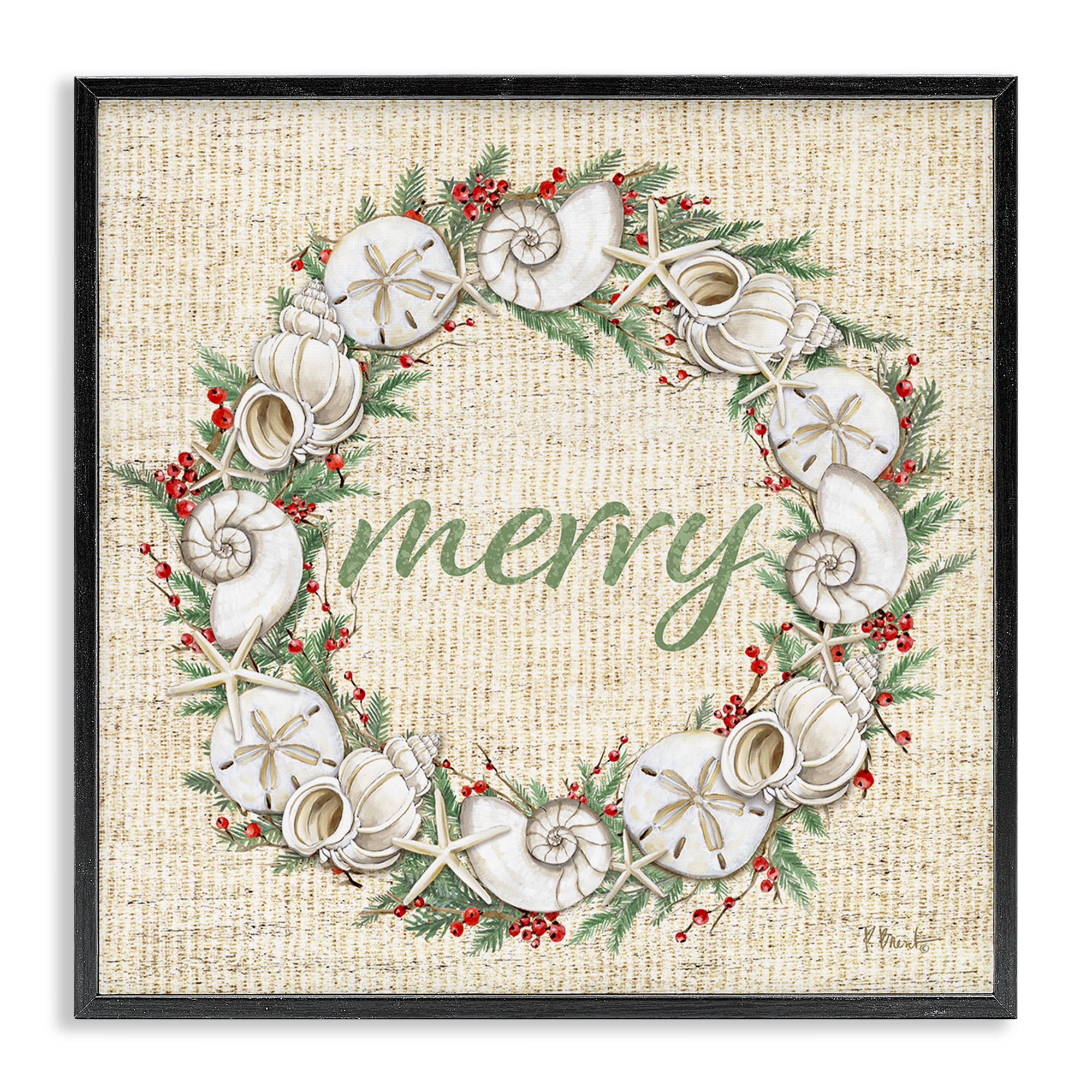 Stupell Industries Shells & Holly Merry Holiday Painting Black Framed Art Print Wall Art, 12 x 12