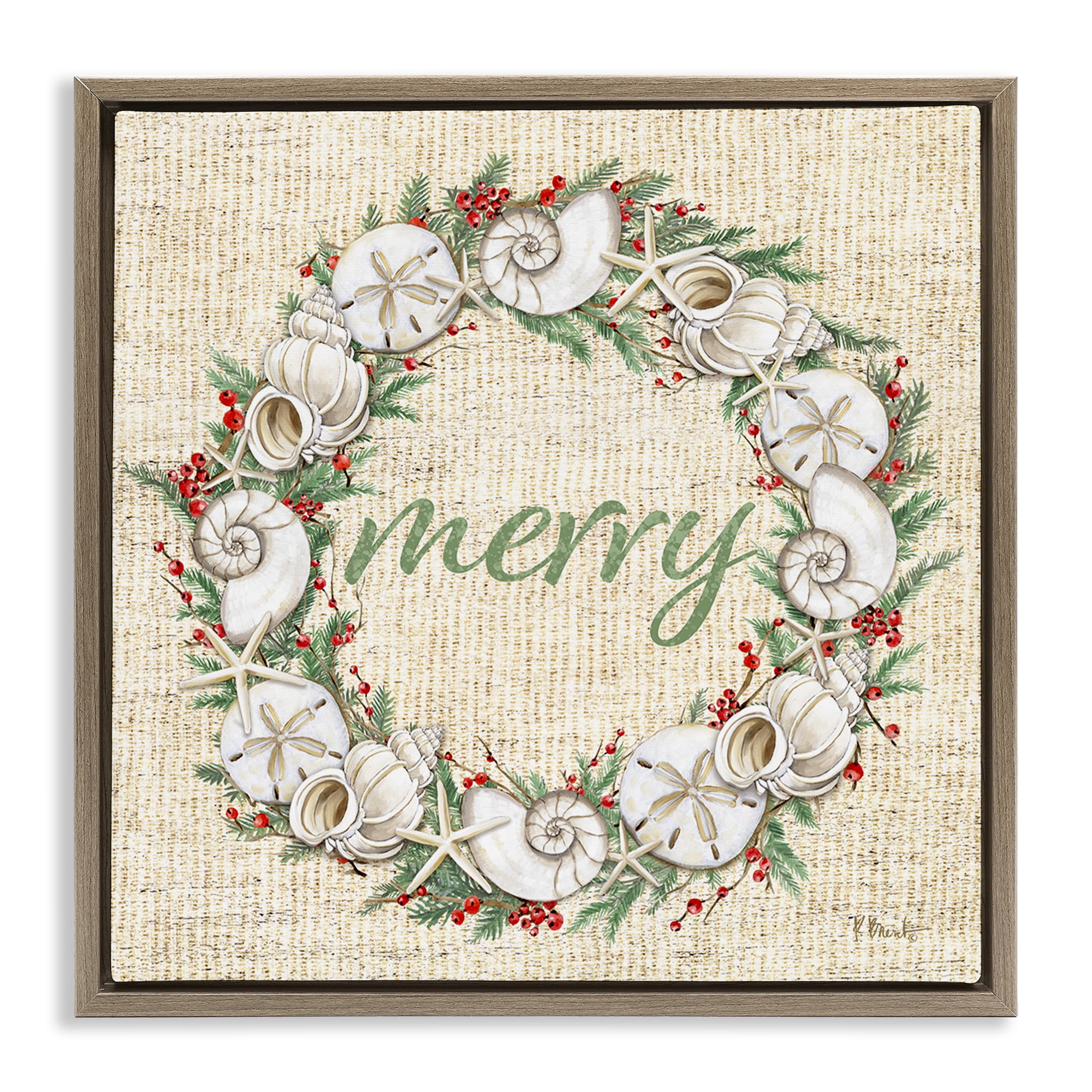 Stupell Industries Shells & Holly Merry Holiday Painting Brown Floater Framed Canvas Art Print Wall Art, 25 x 25