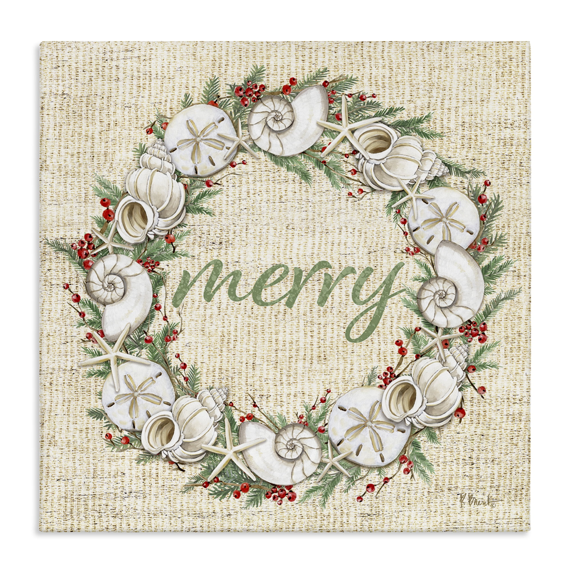 Stupell Industries Shells & Holly Merry Holiday Painting Wrapped Canvas Art Print Wall Art, 17 x 17