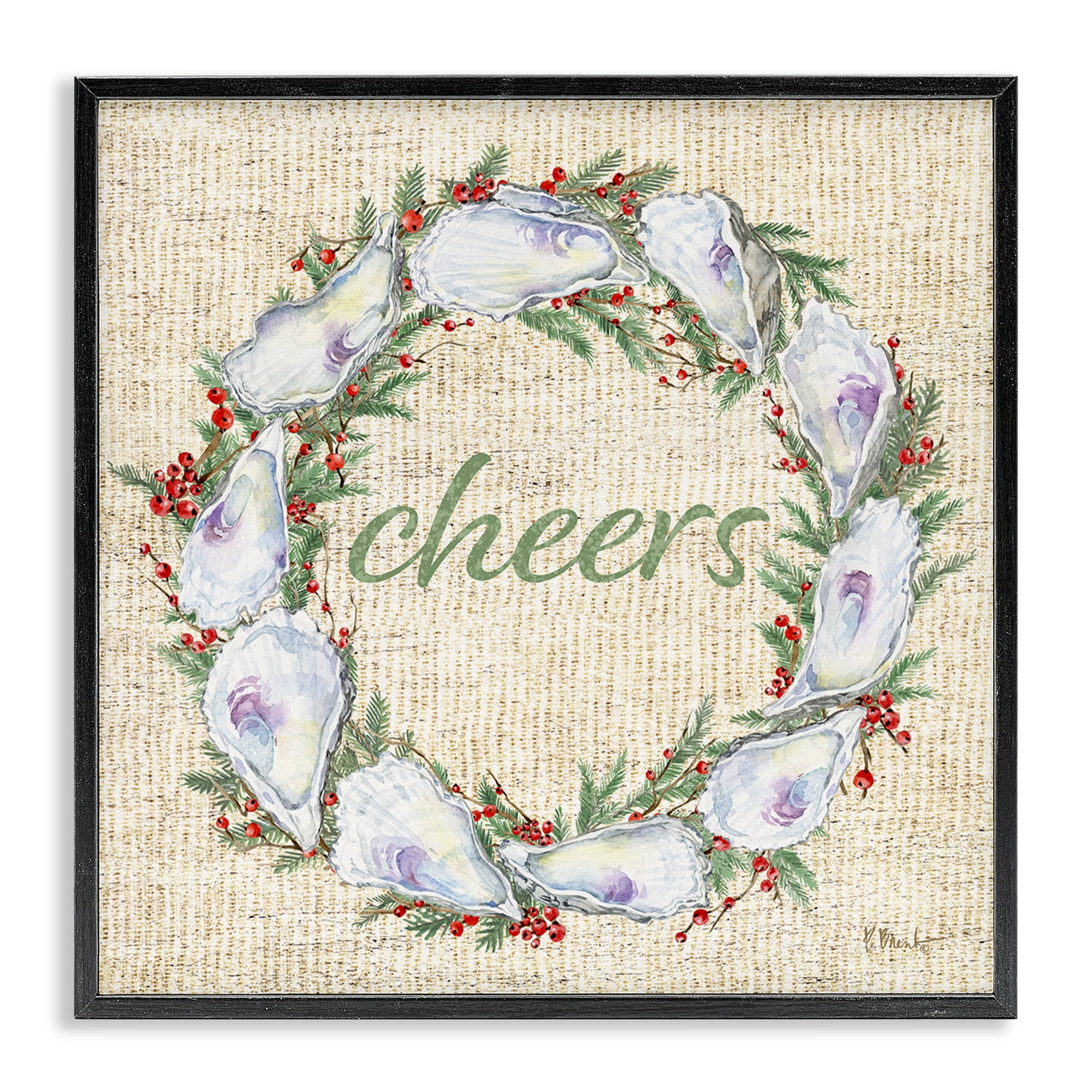 Stupell Industries Shells & Holly Wreath Holiday Painting Black Framed Art Print Wall Art, 24 x 24