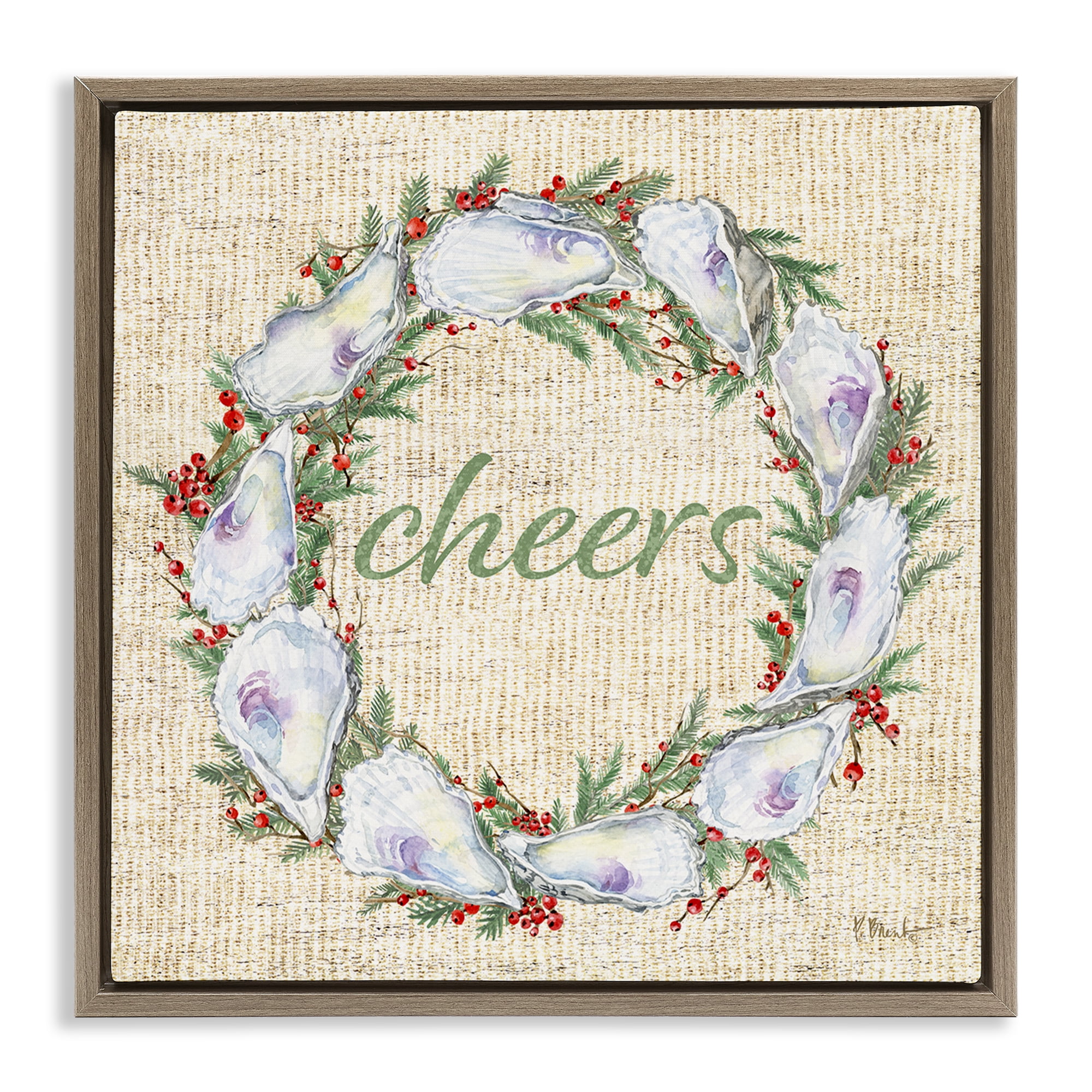 Stupell Industries Shells & Holly Wreath Holiday Painting Brown Floater Framed Canvas Art Print Wall Art, 25 x 25