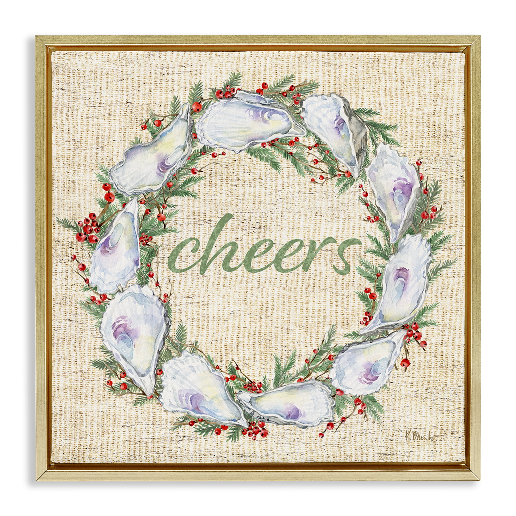 Stupell Industries Shells & Holly Wreath Holiday Painting Gold Floater Framed Canvas Art Print Wall Art, 18 x 18