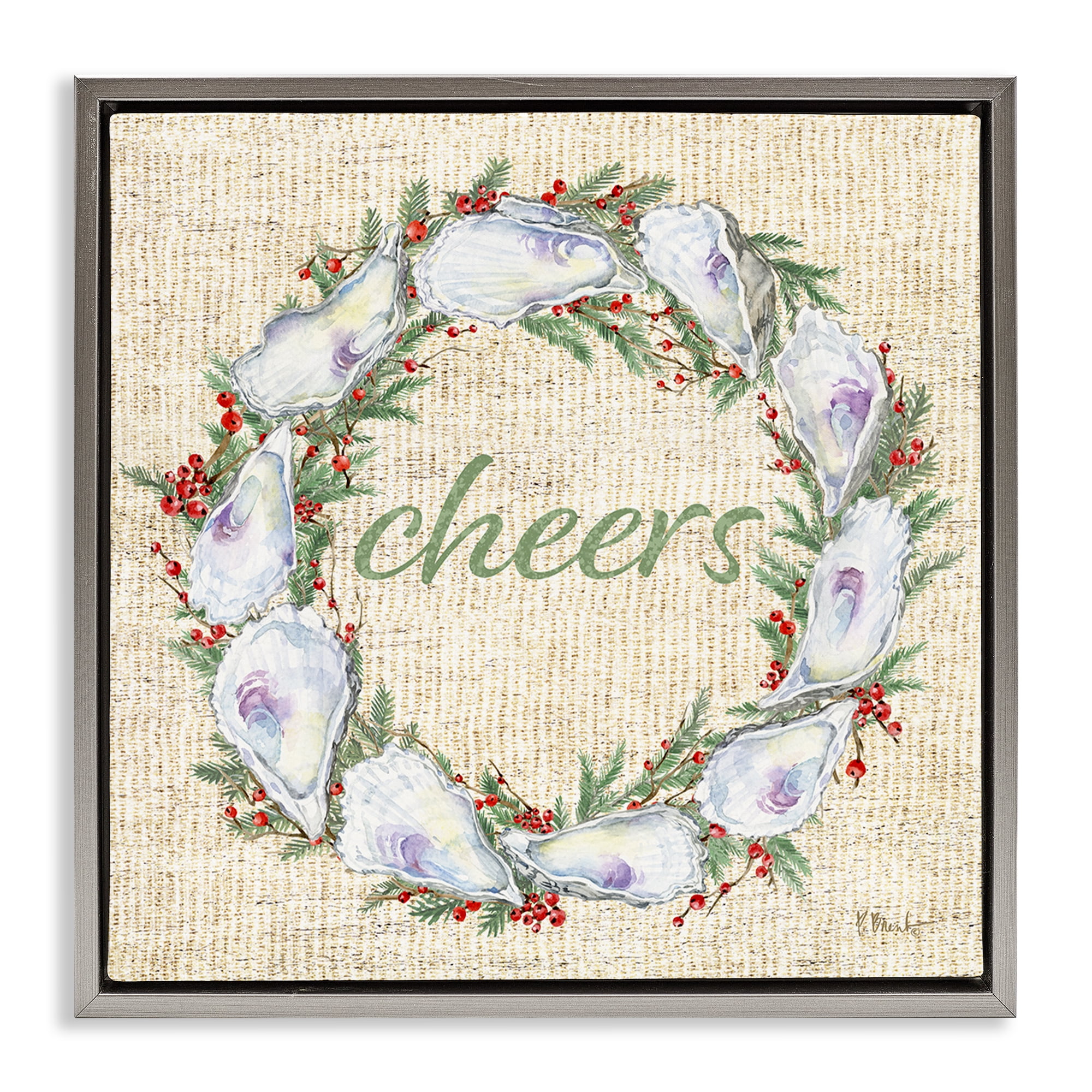 Stupell Industries Shells & Holly Wreath Holiday Painting Gray Floater Framed Canvas Art Print Wall Art, 25 x 25