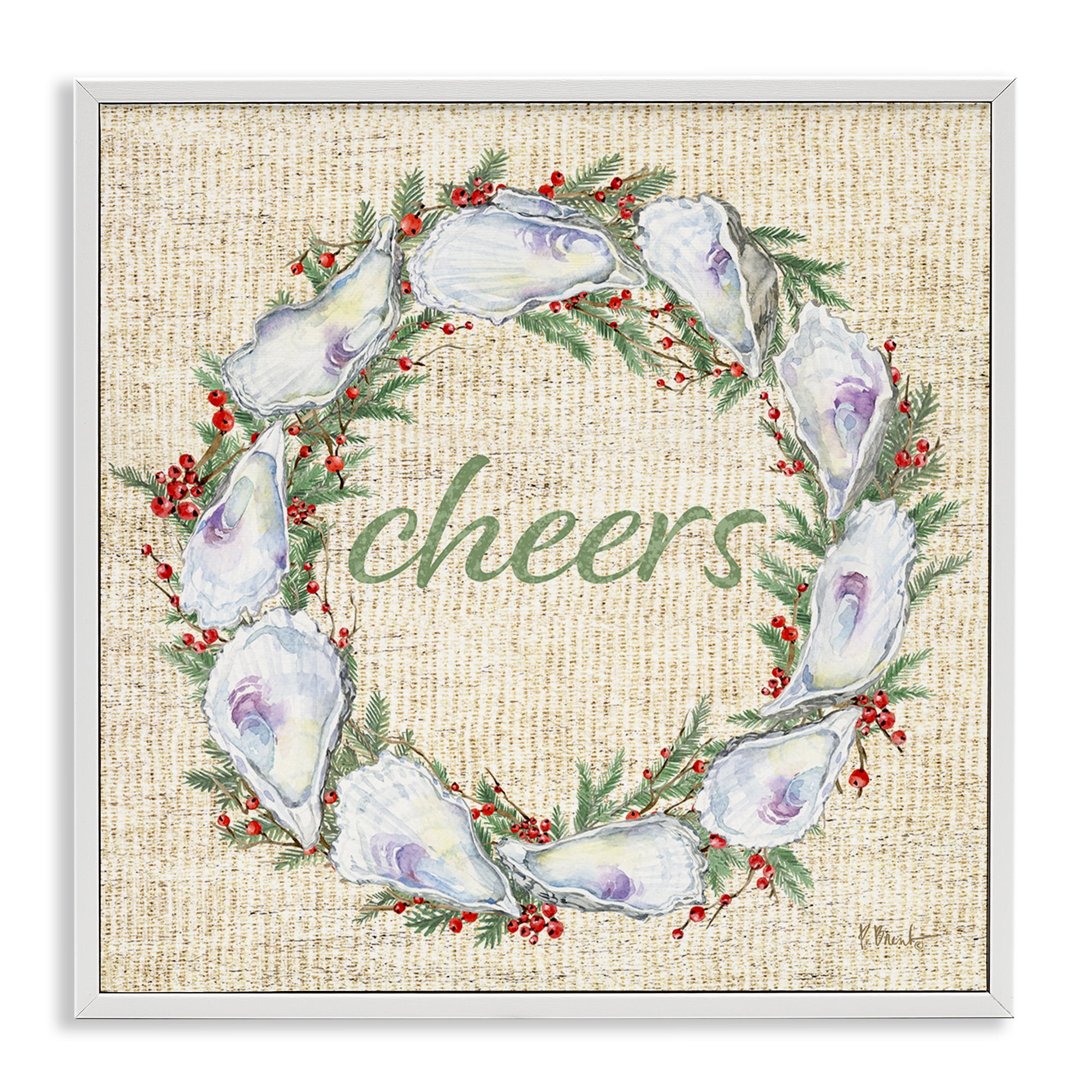 Stupell Industries Shells & Holly Wreath Holiday Painting White Framed Art Print Wall Art, 12 x 12