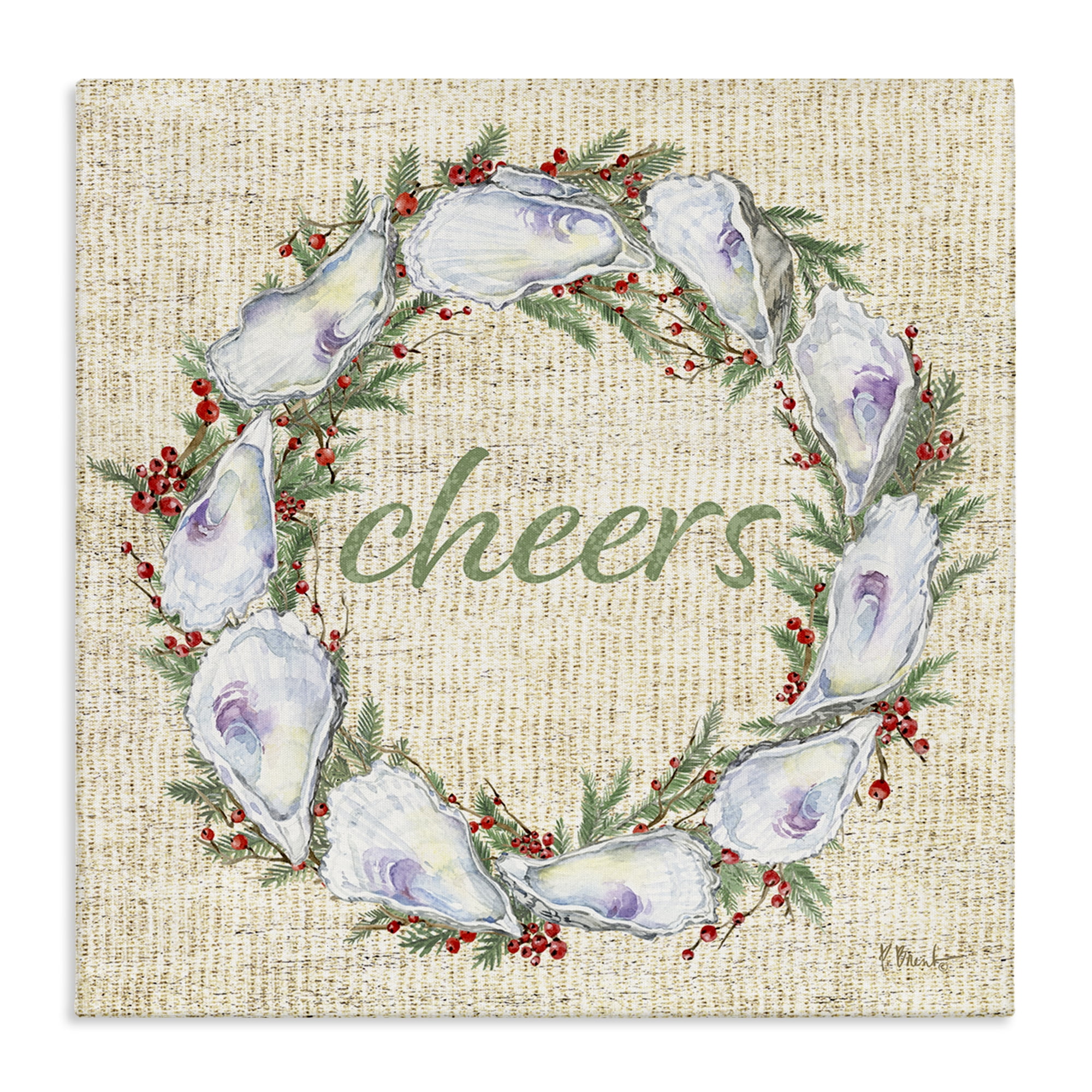 Stupell Industries Shells & Holly Wreath Holiday Painting Wrapped Canvas Art Print Wall Art, 17 x 17