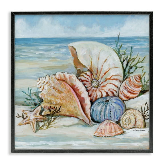 Stupell Industries Shells On The Beach Beach Painting Black Framed Art Print Wall Art, 12 x 12