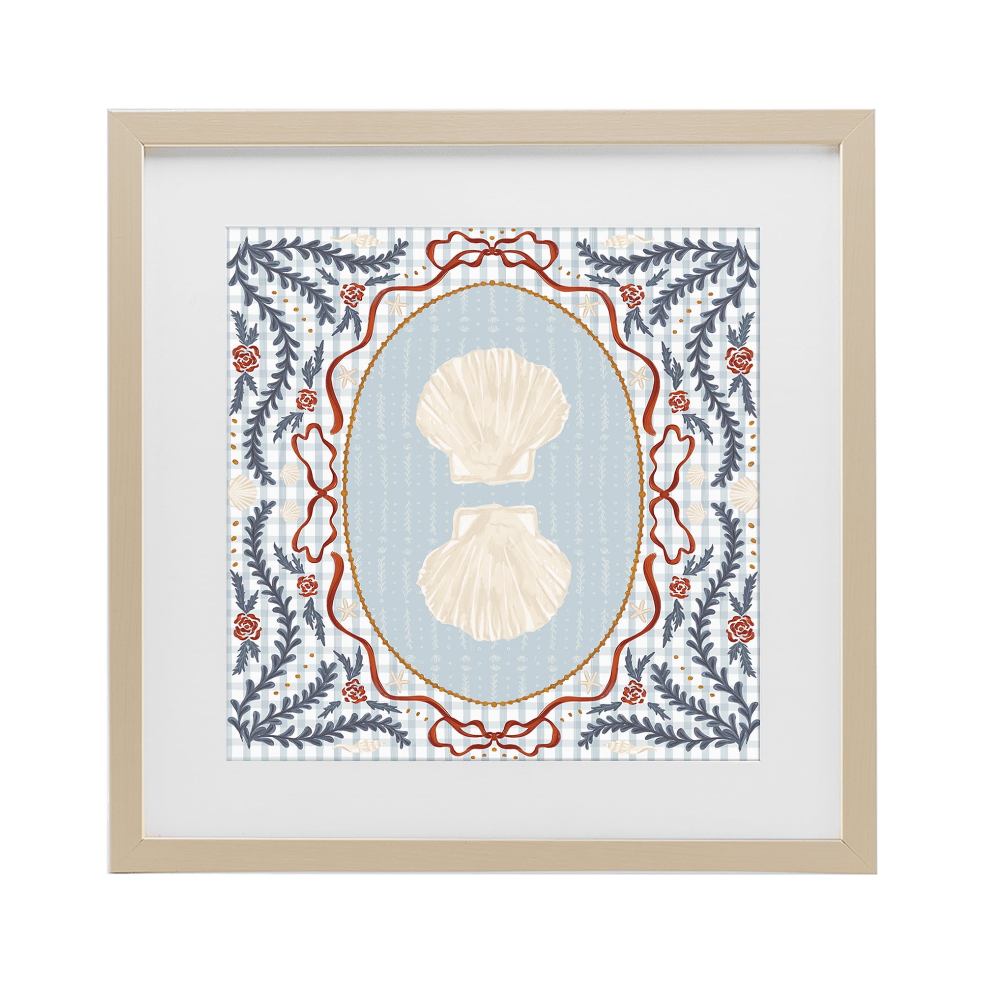Stupell Industries Shells Portrait on Gingham Birch Framed Print Under Glass, design by Vero Illustrates