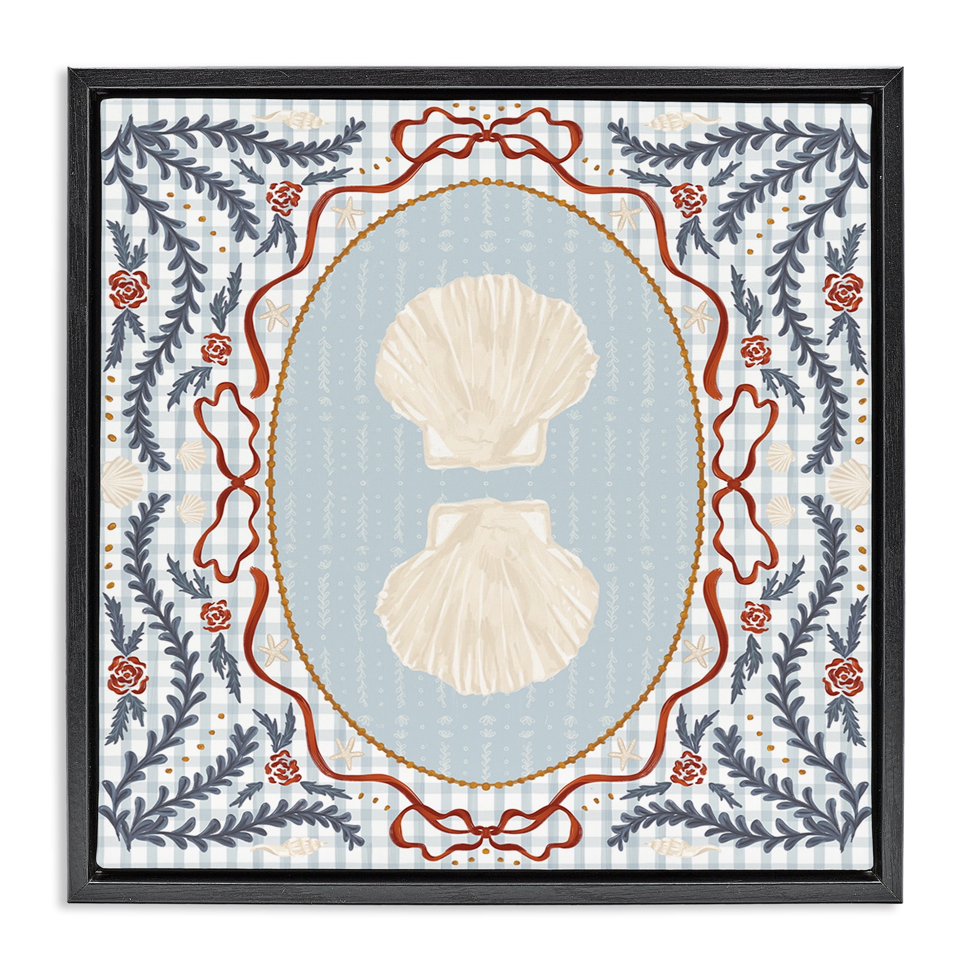 Stupell Industries Shells Portrait on Gingham Black Framed Floater Canvas Wall Art, design by Vero Illustrates