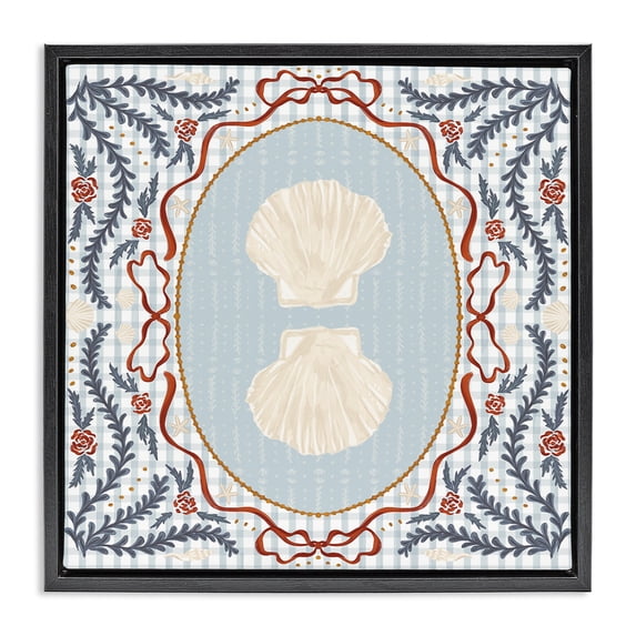 Stupell Industries French Country Shells Portrait on Gingham Black Floating Frame Canvas Art, 18 x 18, by Vero Illustrates