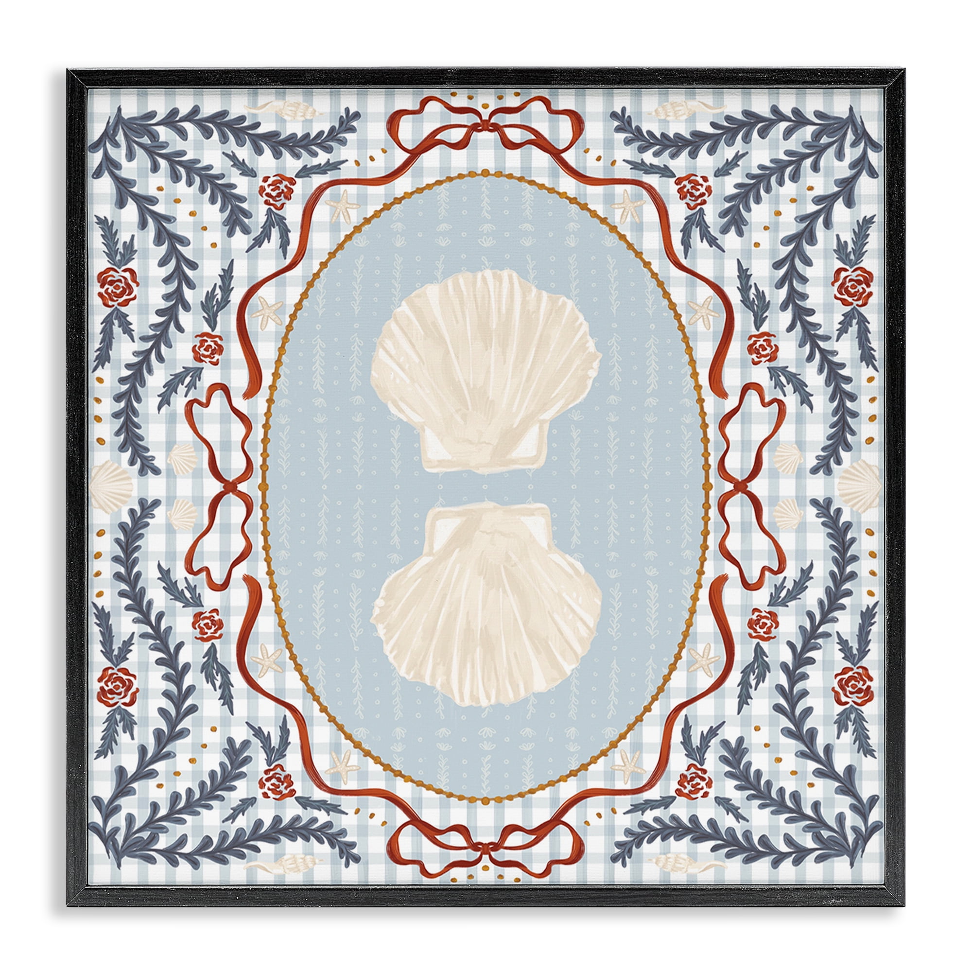 Stupell Industries Shells Portrait on Gingham Black Framed Giclee Art, design by Vero Illustrates