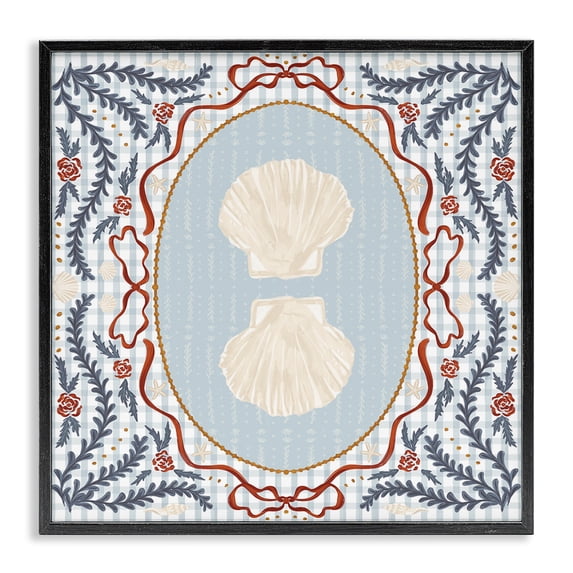 Stupell Industries French Country Shells Portrait on Gingham Black Framed Giclee Art, 12 x 12, by Vero Illustrates