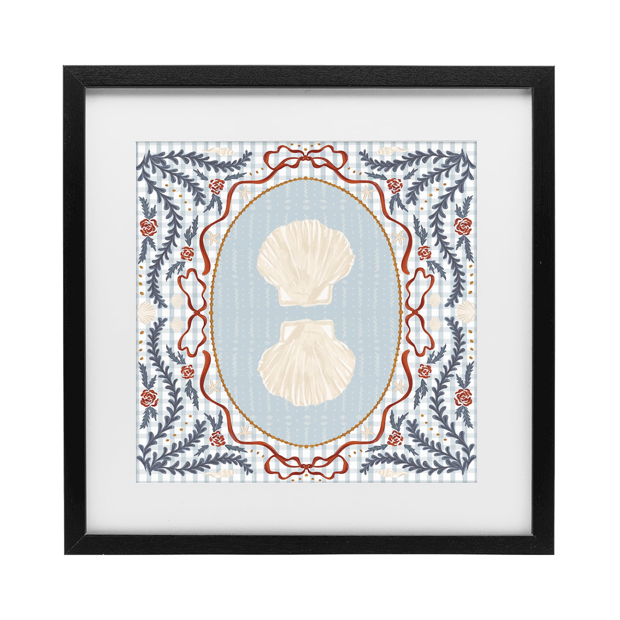 Stupell Industries Shells Portrait on Gingham Black Framed Print Under Glass, design by Vero Illustrates