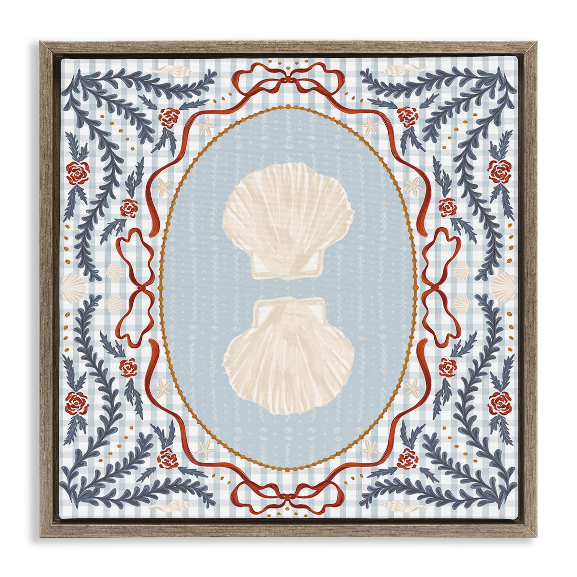 Stupell Industries Shells Portrait on Gingham Brown Framed Floater Canvas Wall Art, design by Vero Illustrates