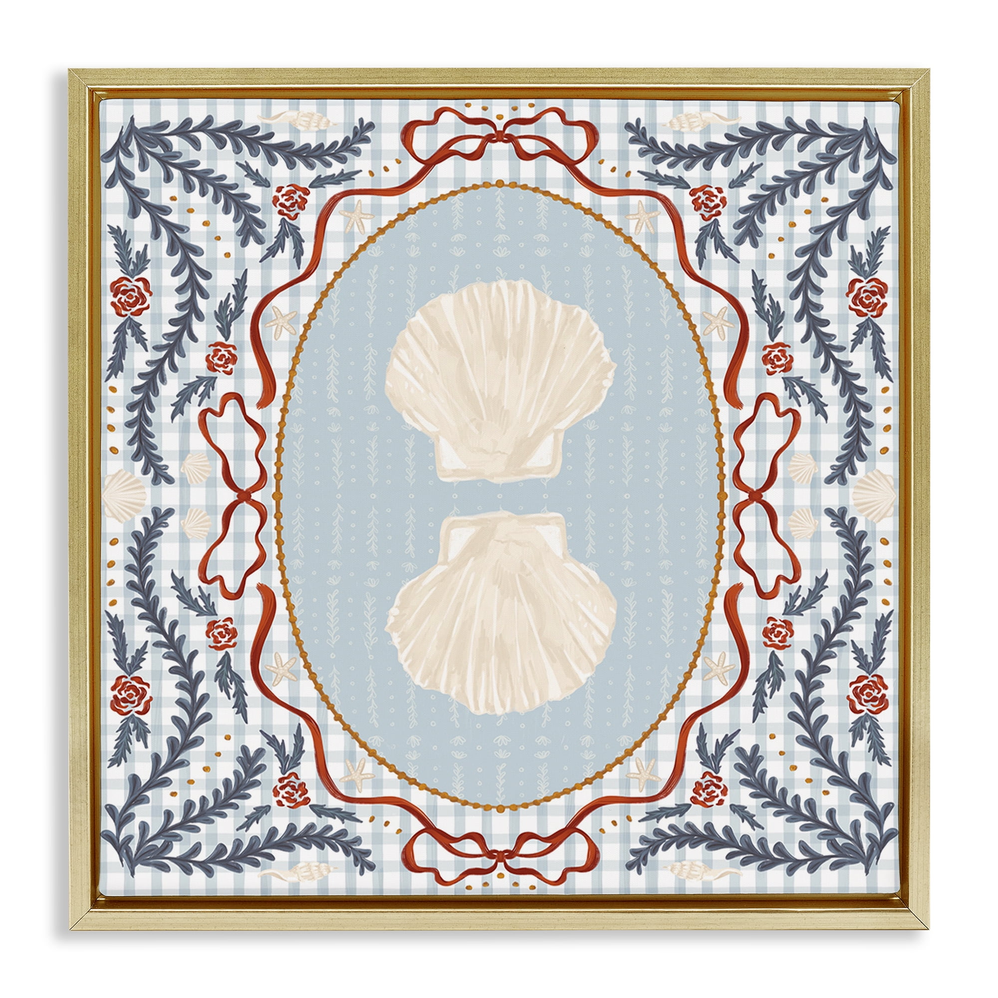 Stupell Industries Shells Portrait on Gingham Gold Framed Floater Canvas Wall Art, design by Vero Illustrates