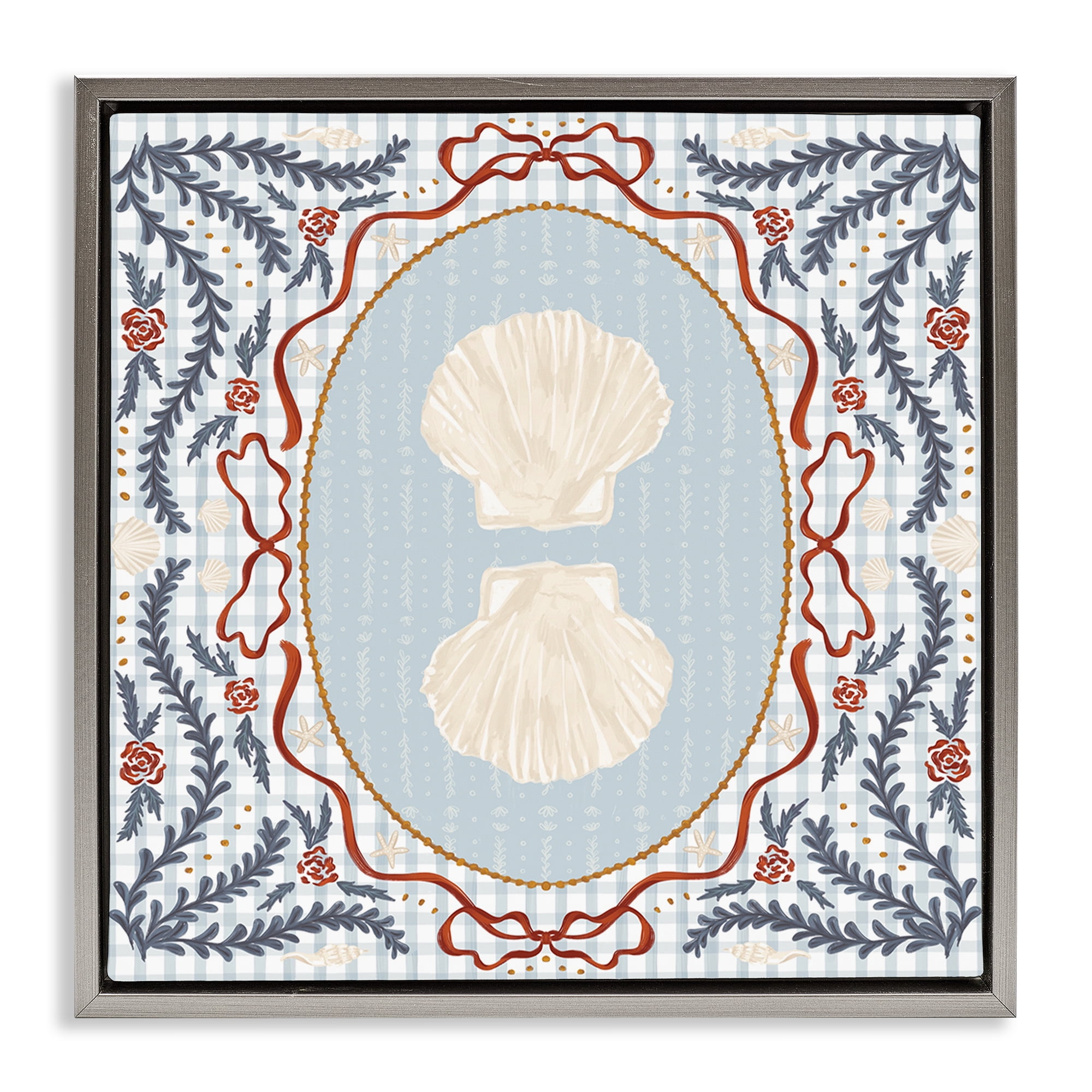Stupell Industries Shells Portrait on Gingham Gray Framed Floater Canvas Wall Art, design by Vero Illustrates