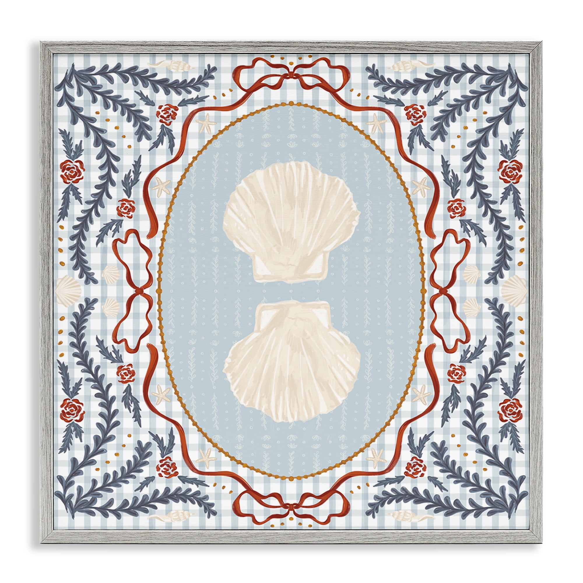 Stupell Industries Shells Portrait on Gingham Gray Framed Giclee Art, design by Vero Illustrates