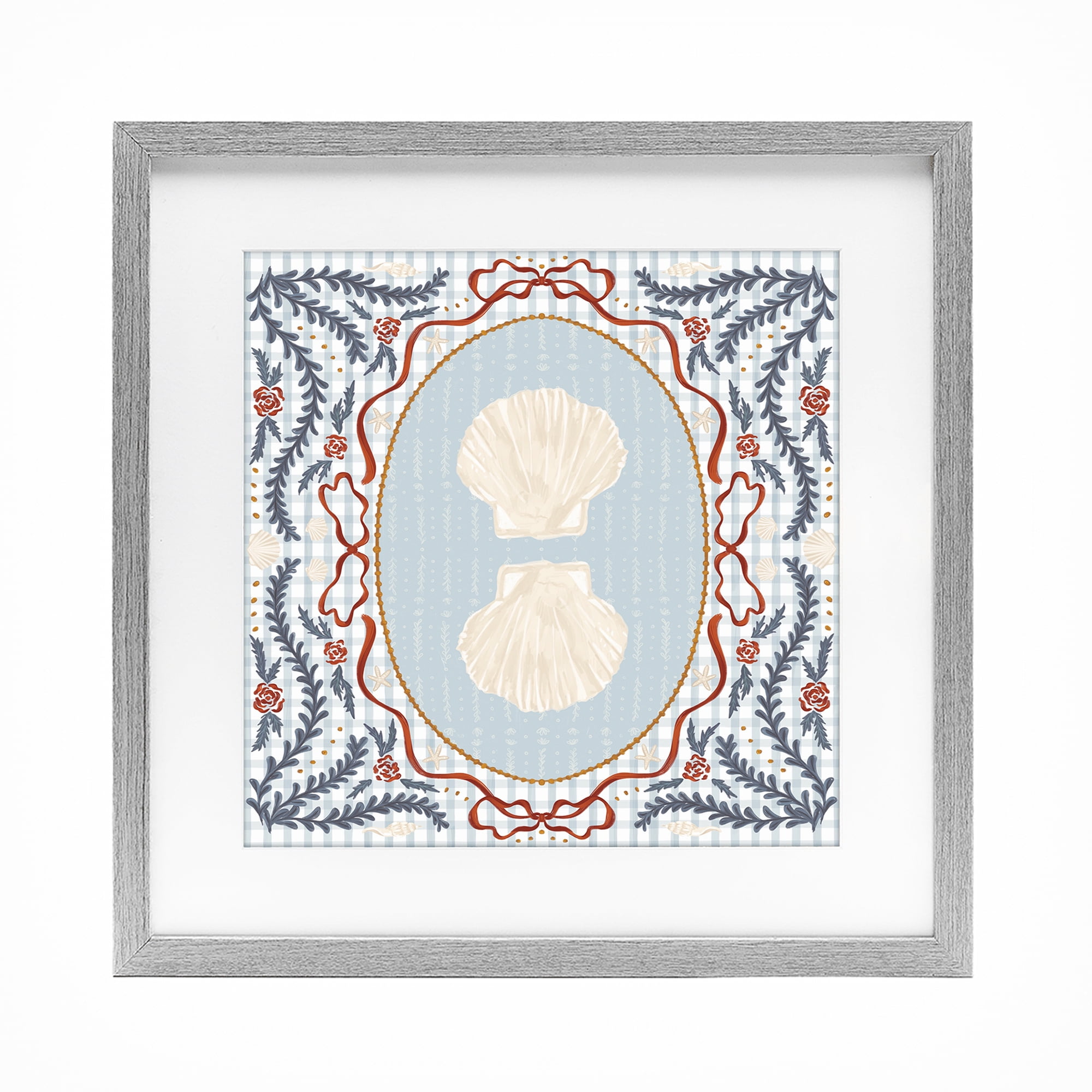 Stupell Industries Shells Portrait on Gingham Gray Framed Print Under Glass, design by Vero Illustrates