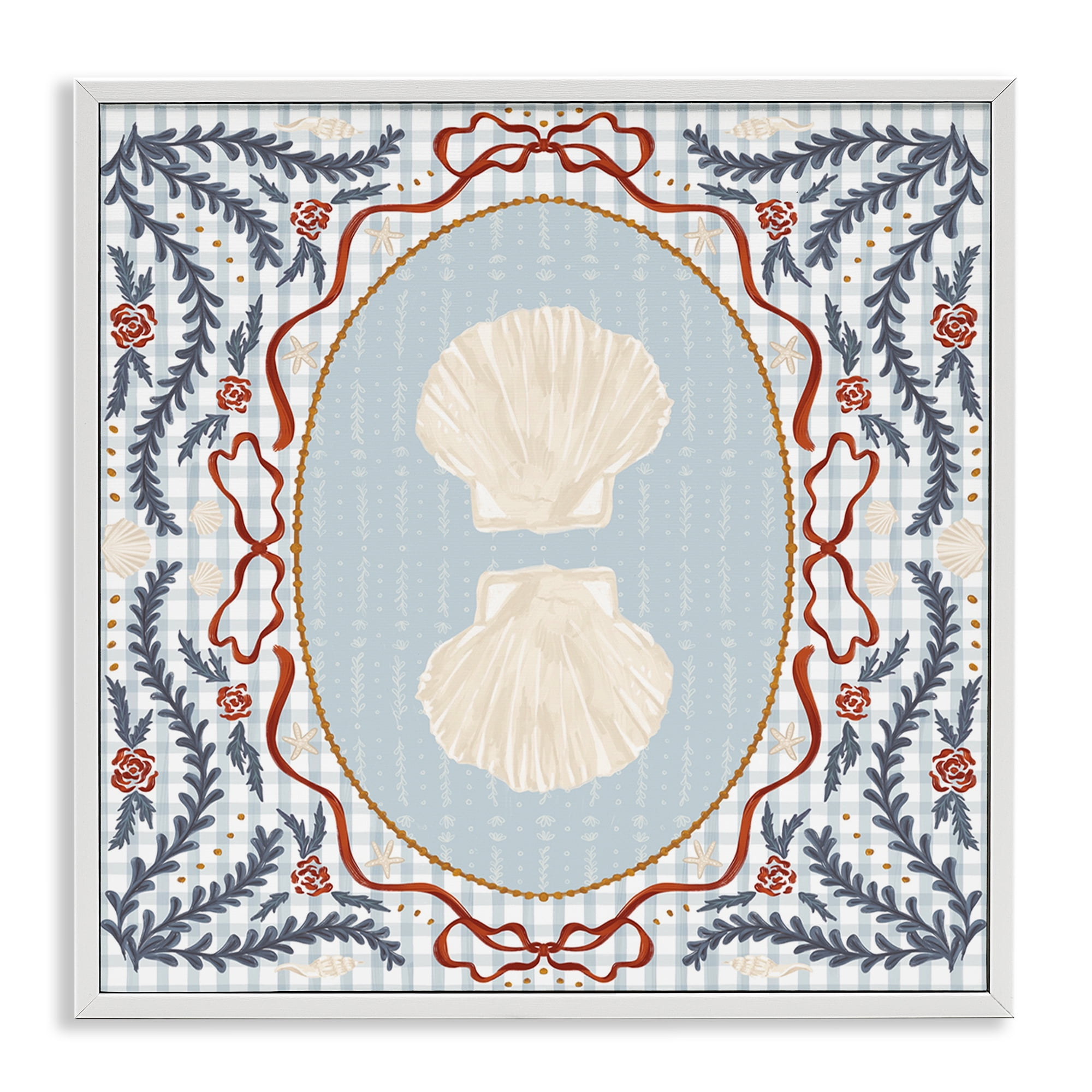 Stupell Industries Shells Portrait on Gingham White Framed Giclee Art, design by Vero Illustrates