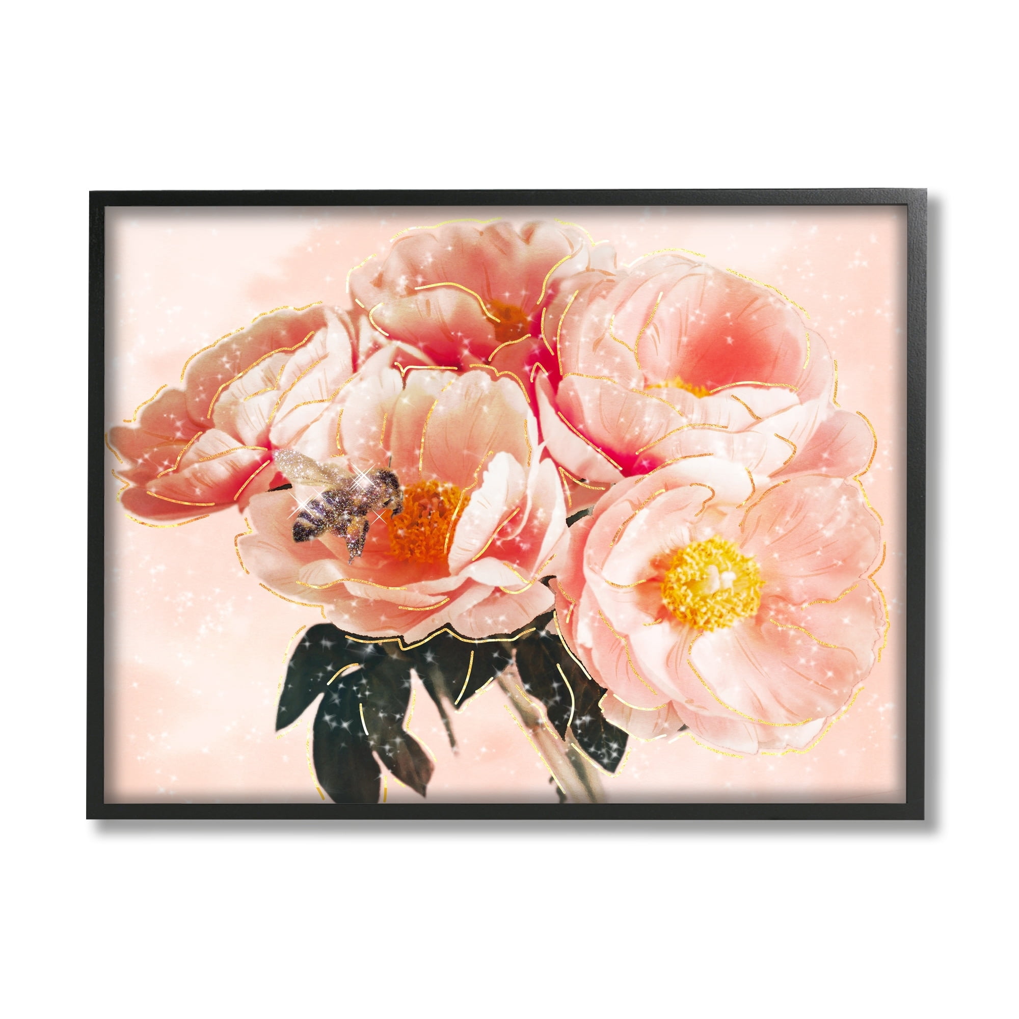 Stupell Industries Shimmering Bumble Bee Trendy Pink Glam Flowers Graphic Art Black Framed Art Print Wall Art, Design by Ziwei Li